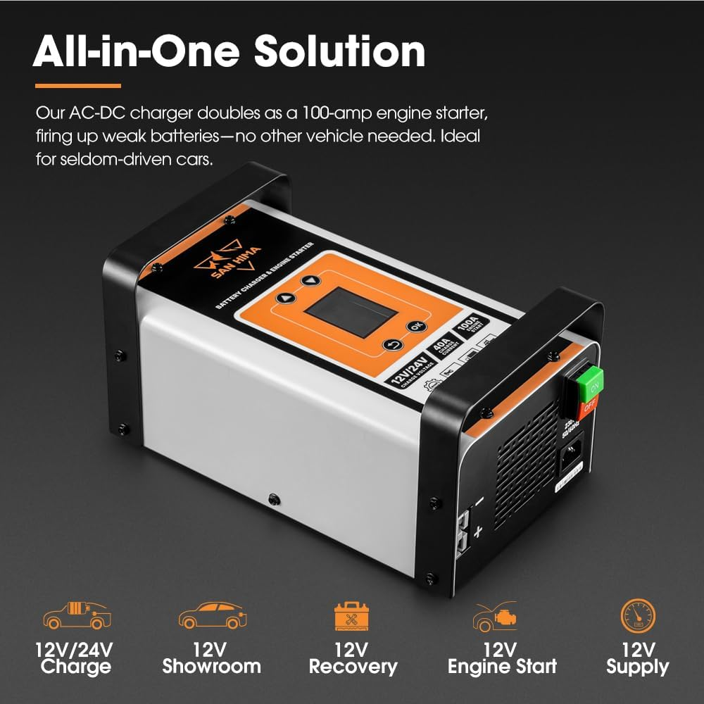 San Hima 40A Smart Battery Charger & Engine Starter & Engine Starter with 6 Stage LCD Display, Stable 12V/24V Charger for Std/Agm/Gel/Lifepo4 Car Truck Boat RV SUV ATV image number 1