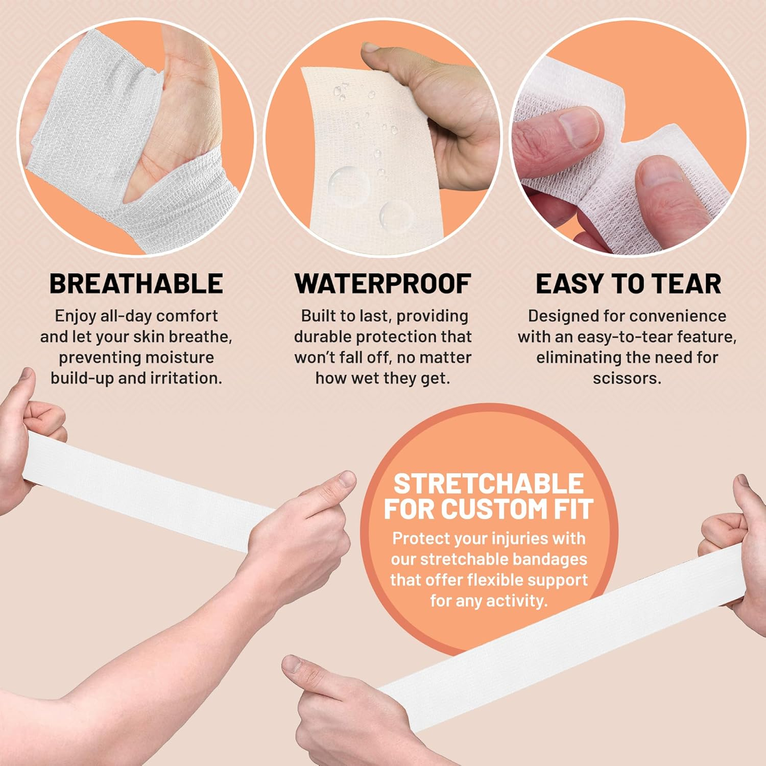 6 Pack, Self Adherent Cohesive Tape - 2&rdquo; X 5 Yards, Self Adhesive Bandage Rolls & Sports Athletic Wrap for Ankle, Wrist, Knee Sprains and Swelling, Vet Wraps in White Color