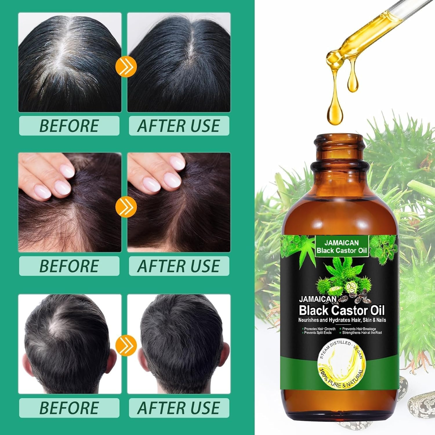 Jamaican Black Castor Oil, 100% Pure & Organic, Cold Pressed in Glass Bottles for Hair, Eyelashes, Eyebrow, Skin Growth, Hydration, Nourishment, Regeneration, Massage Essential Oil, 2 Fl Oz, image number 6