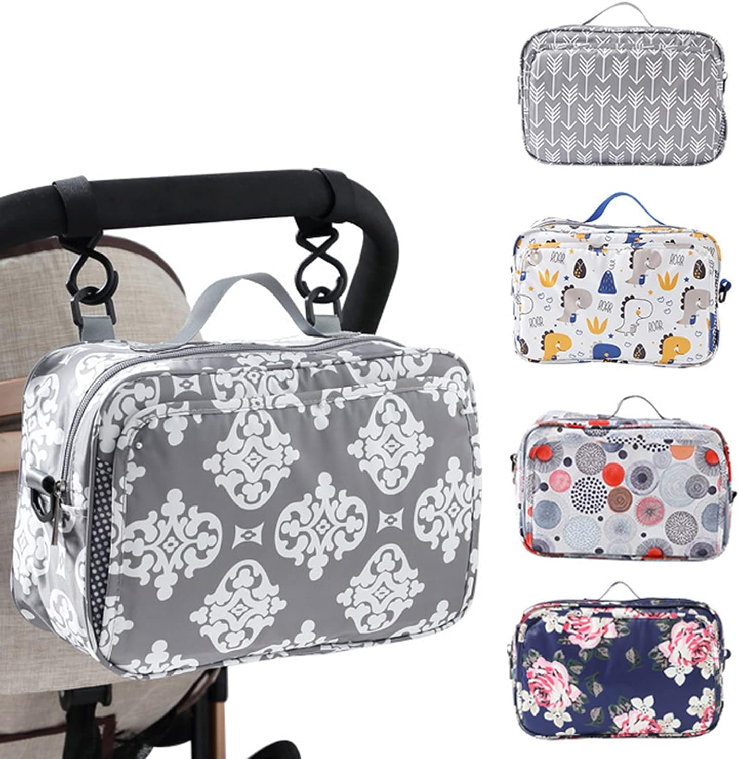 Small Diaper Bag, Stroller Organizer Bags for Baby with Insulated Pocket, Stroller Hooks and Adjustable Strap,Universal Mini Diaper Tote Bags Fit All Strollers, Gray