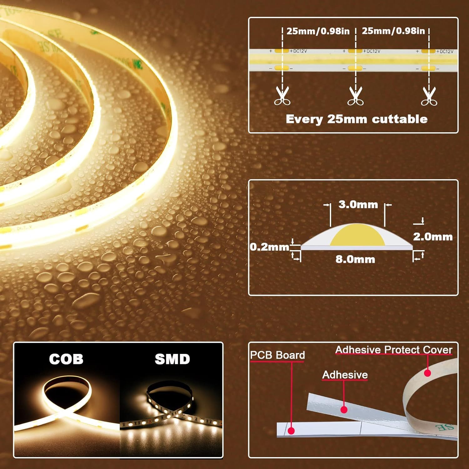 TOPAI COB LED Strip 12 V Warm White Outdoor Waterproof IP65, 5 M LED Strip 3000 K Self-Adhesive, Cuttable, CRI>90, 480Leds/M High Density, Width 8 Mm, for Kitchen, Cabinet, Home Decoration image number 4