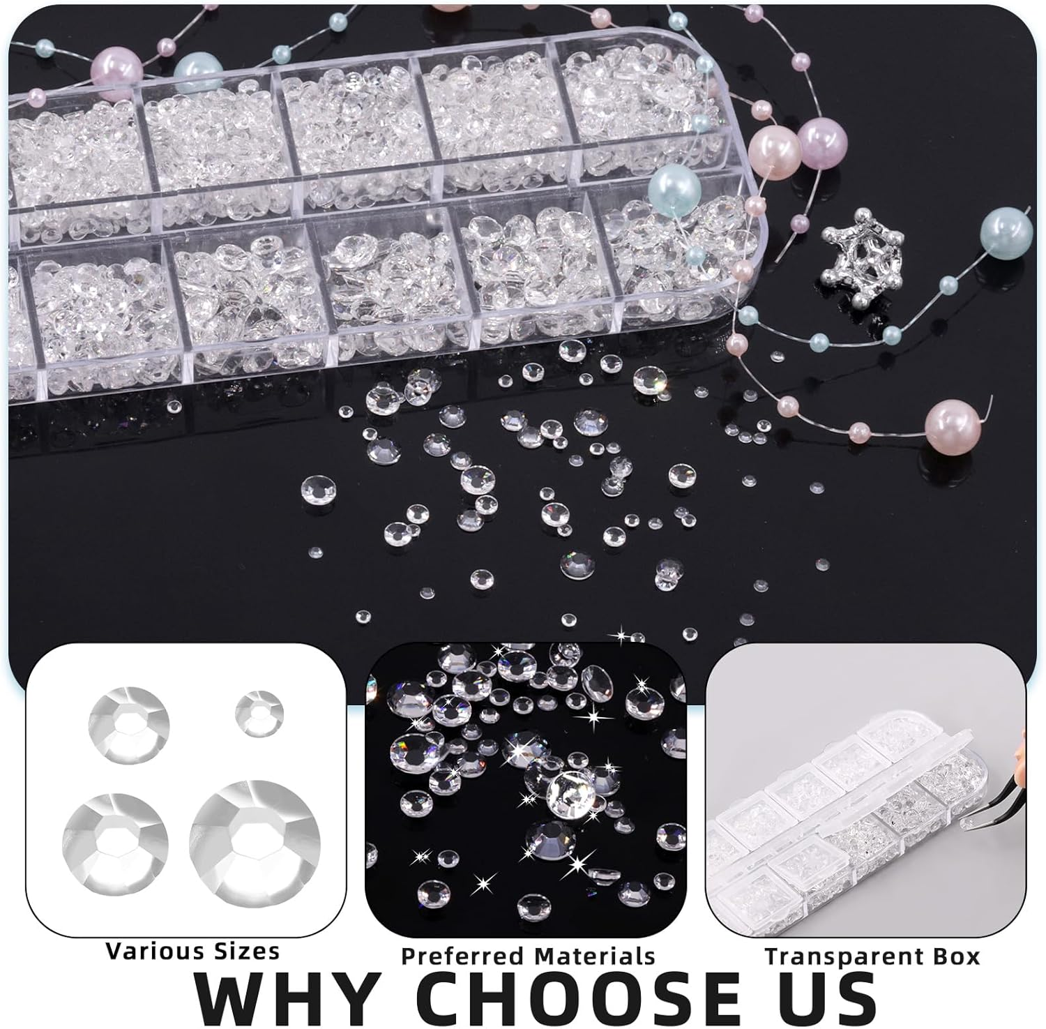 Glarks 4403Pcs Rhinestone Gems and Flat Back Pearl Set, 2MM 3MM 4MM 5MM Clear-White Flat Back Gems Crystal Rhinestones, 3MM Flatback Pearl Half Pearl Half round Flat Back Pearl with 3Pcs Tools - Dark Blue image number 3