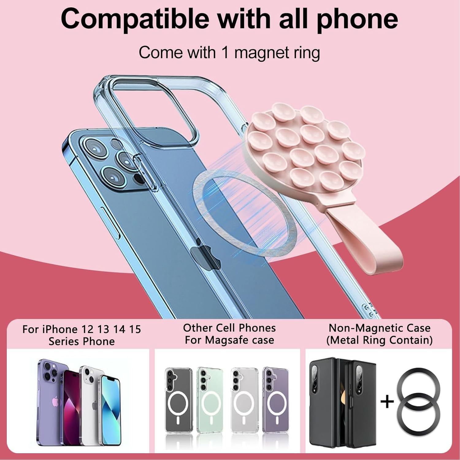 TONGLUO Silicone Suction Phone Sticky Grip with Magnetic Suction, Compatible with Magsafe Case for Hands-Free Selfies/Videos, Applicable to Mirror Shower Stand Holder for Iphone and for Android(Pink) - Blue image number 6