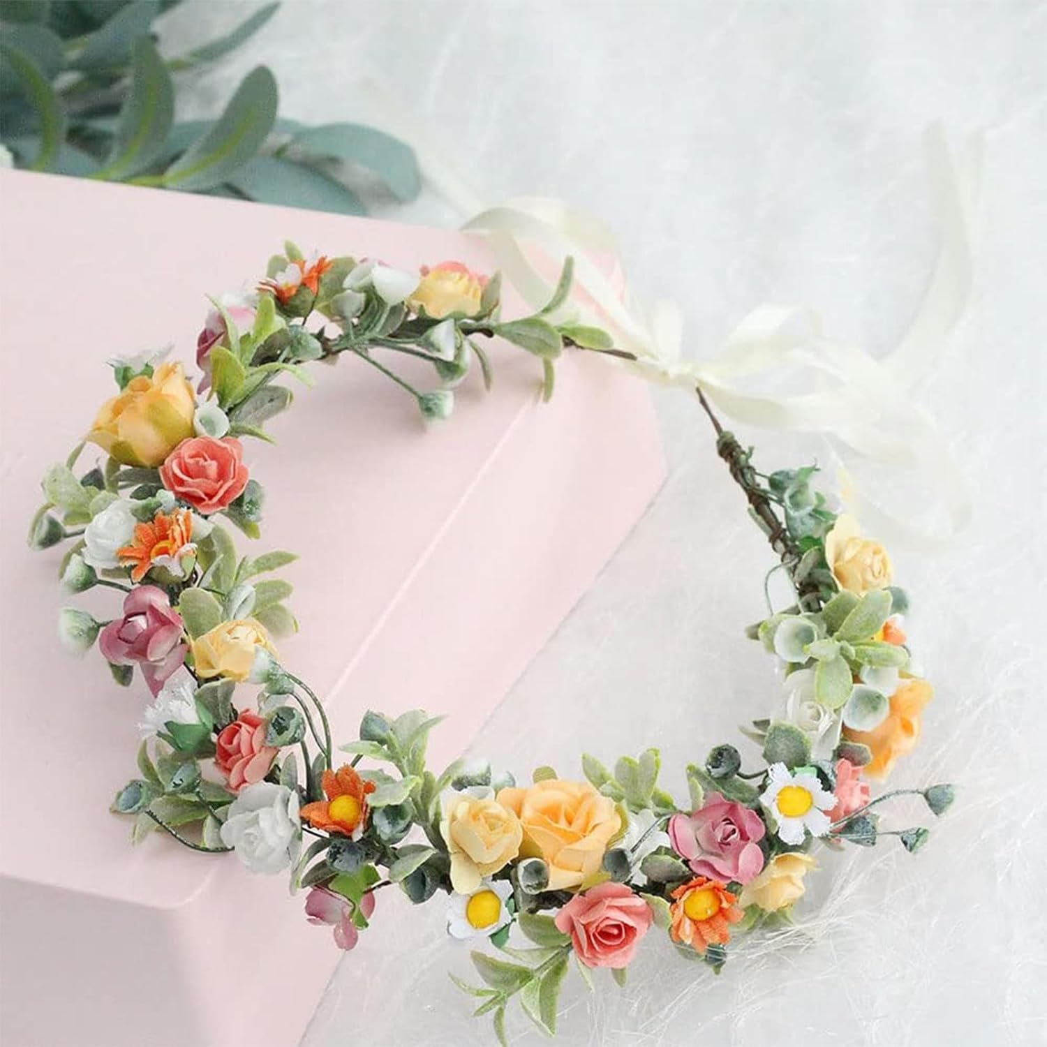Dinghaole 2Pcs Rose Flower Crown, Floral Wreath Headband, Wedding Bridal Headpiece Hawaiian Party Accessories, Bohemian Style Headdress for Fun Day Out Bridal Headwear Party Festivals Hair Accessories image number 3