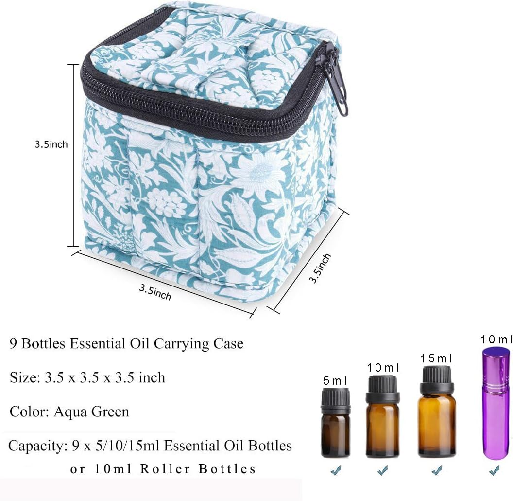 9 Bottles Essential Oil Carrying Case Shockproof Essential Oils Organizer Travel Bag Suitable for 5Ml,10Ml,15Ml Bottles or 10Ml Roller Bottles with Portable Handle and Double Zipper (Aqua Green)