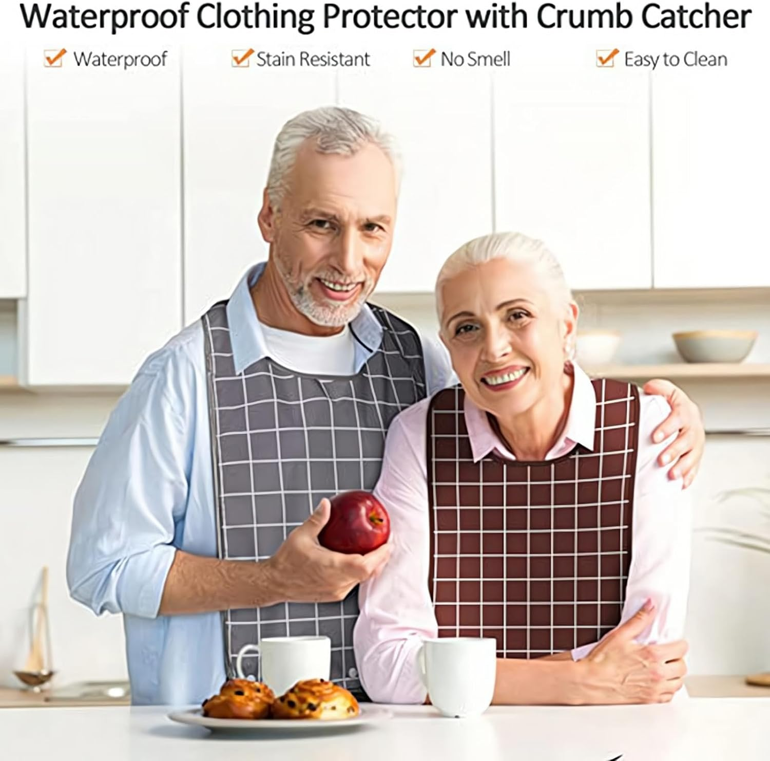 2Pcs Adult Bibs Waterproof and Reusable Clothing Protectors with Detachable Crumb Catcher for Men Women Elderly Senior (Coffee and Gray) image number 4