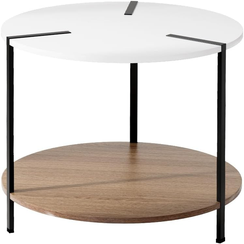 Artiss 60 CM round Coffee Table, Sofa Side for Living Room & Home Office, Marble Effect Modern End Bedside 60CM Black Metal Frame White MDF Top with 2-Tier Coffee Table Storage image number 1