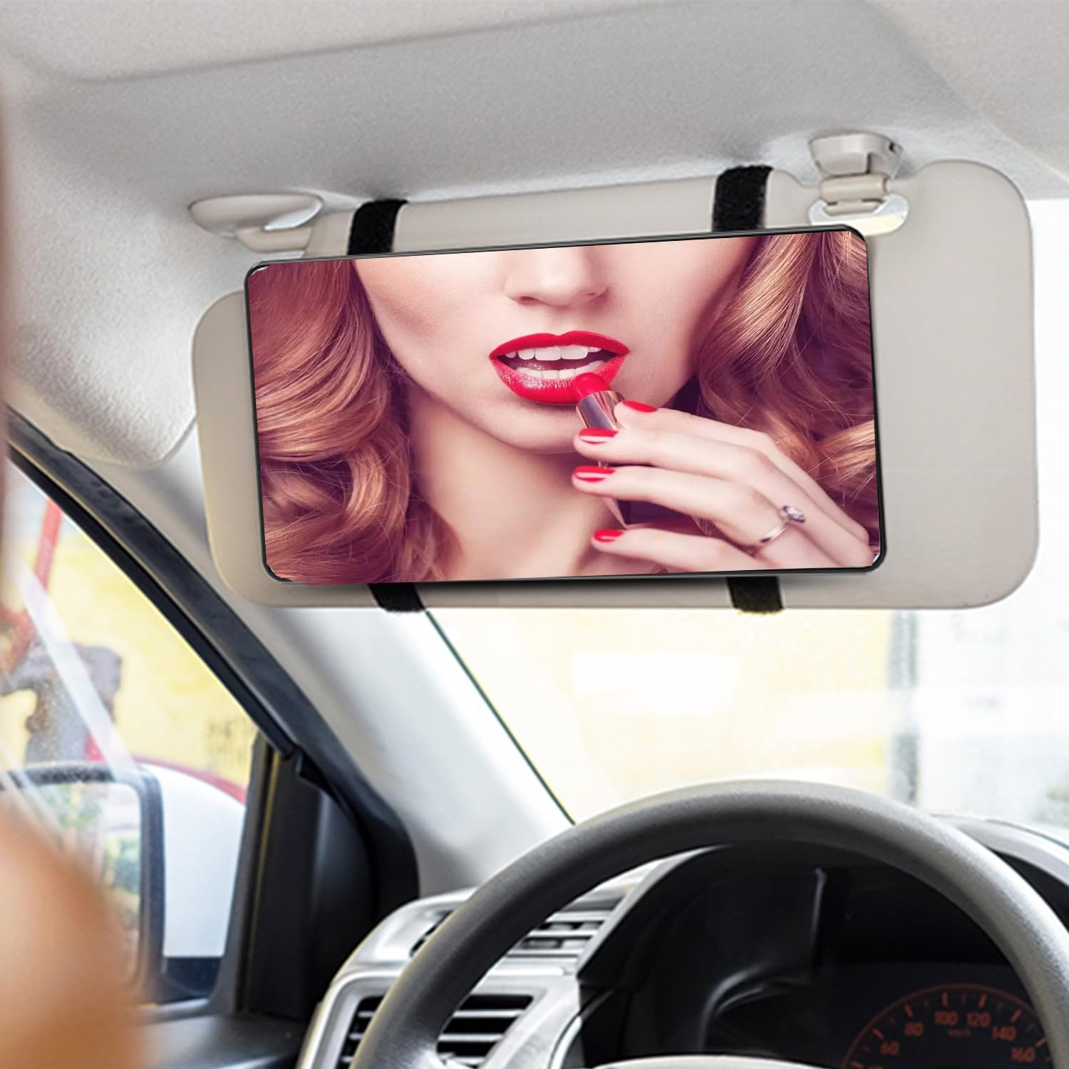 Car Mirror Visor Cosmetic Makeup Mirror, Large Vanity Sun-Shading Mirror for Car Truck SUV Rear View, with Straps (Black)