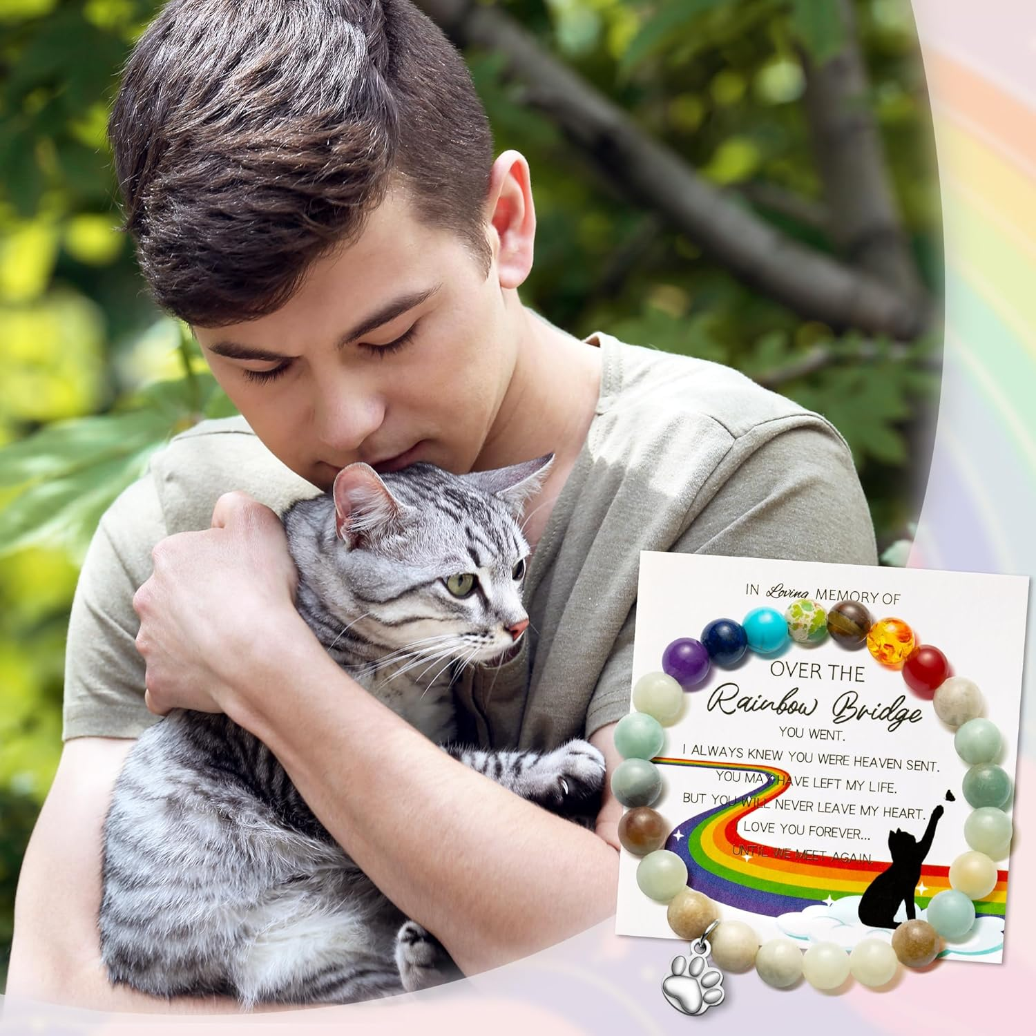 Cjiangpo Rainbow Bridge Cat Bracelets Memorial Gifts, Pet Bracelet with Cat Paw Charm Remembrance Cards Colorful Bracelet Cats Memorial Gift Loss of Pet Sympathy Jewelry Gifts for Cat Lovers Friends image number 3