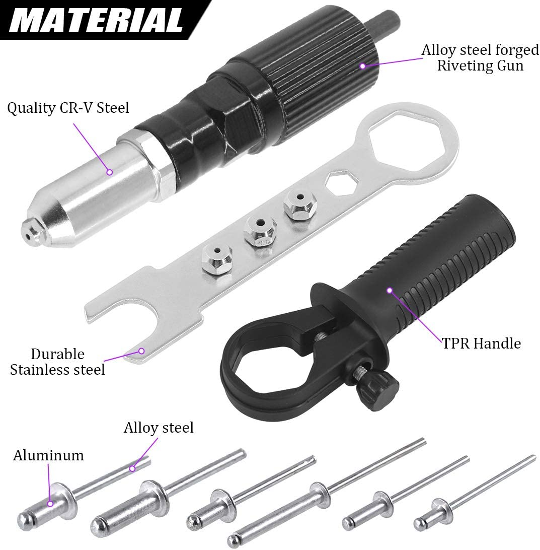 Swpeet 211Pcs Black Alloy Steel Electric Rivet Gun Adapter Kit, Including 2.4/3.2/4.0/4.8Mm Diameter Rivet Head and Handle Wrench with 500Pcs Aluminum Blind Rivet Kit image number 2