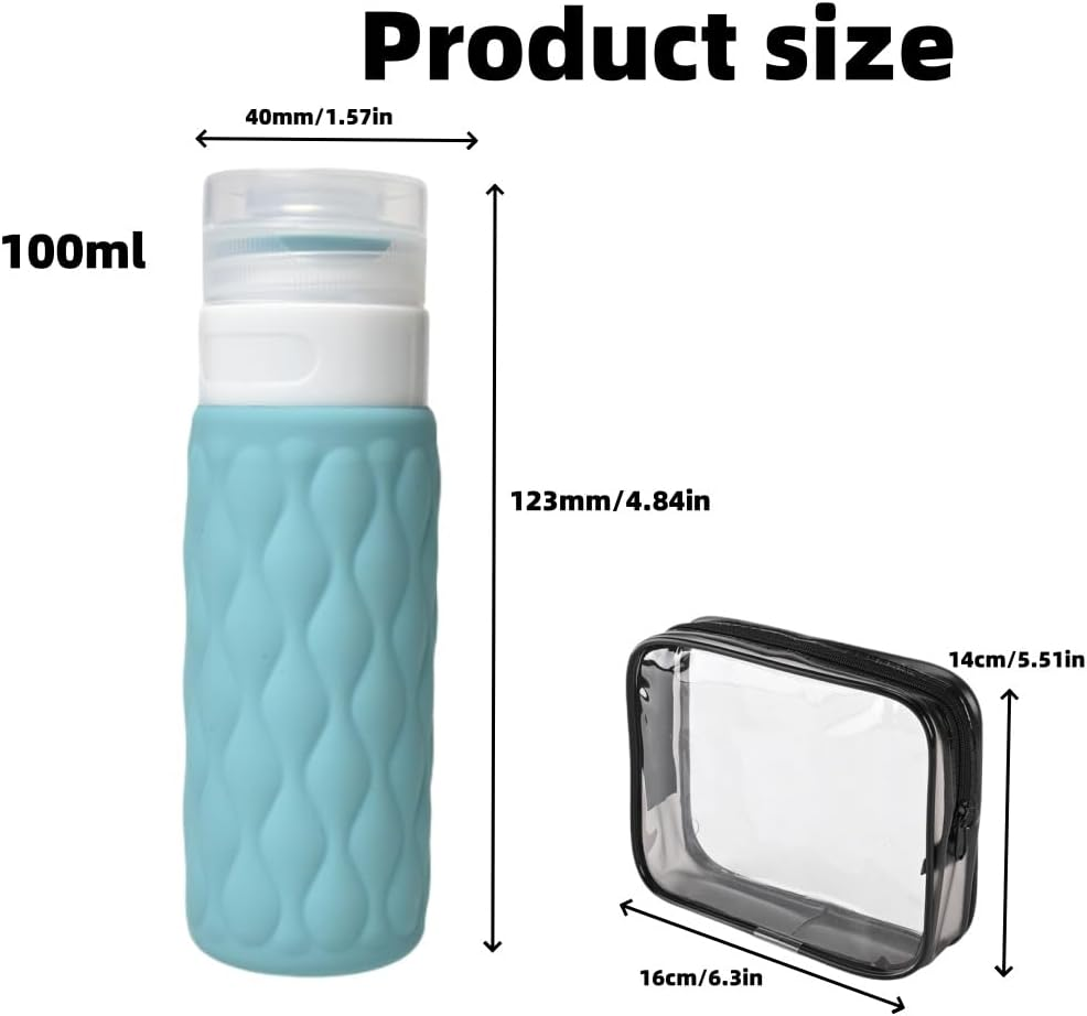 4 Pack Travel Bottles for Toiletries with Labels, 100 Ml Silicone Travel Bottles Set with Clear Zipper Toiletry Bag, Leakproof Refillable Squeeze Travel Size Containers for Shampoo Conditioner