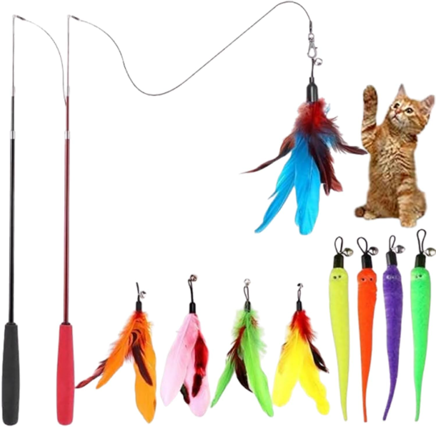 Cat Feather Toy,Retractable Wand with 2 Wands & 9 Assorted Teaser Refills, Interactive Feather Teaser with Bells for Kitten Fun and Exercise image number 2
