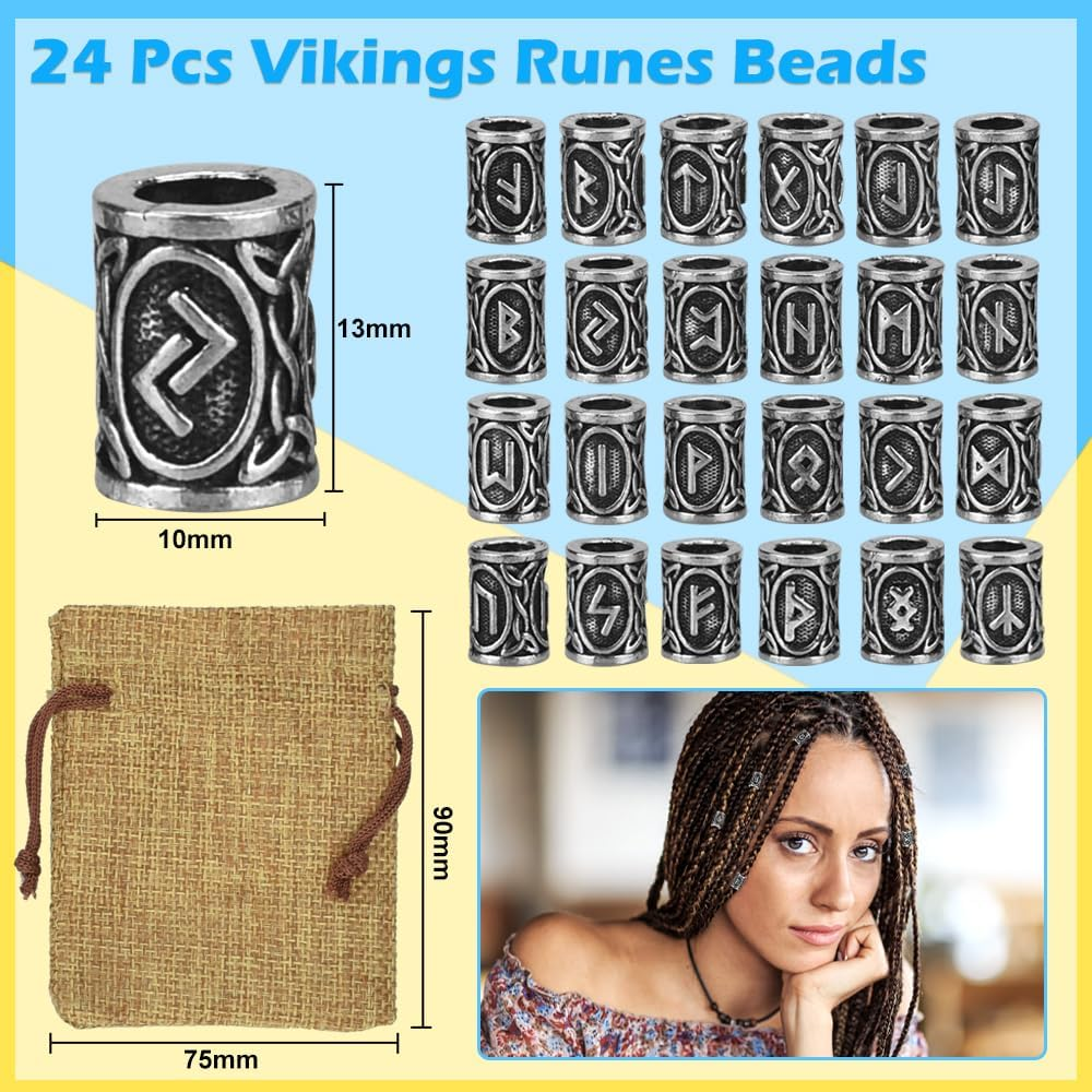 DECARETA Beard Beads for Men,24 Piece Vikings Runes Beads Norse Dreadlock Beads Hair Tube Beads with Rubber Bands,Plastic Bun Curler Pull Hair Pin Quick Beader with Pouch for Men Women Braiding Ties, image number 3