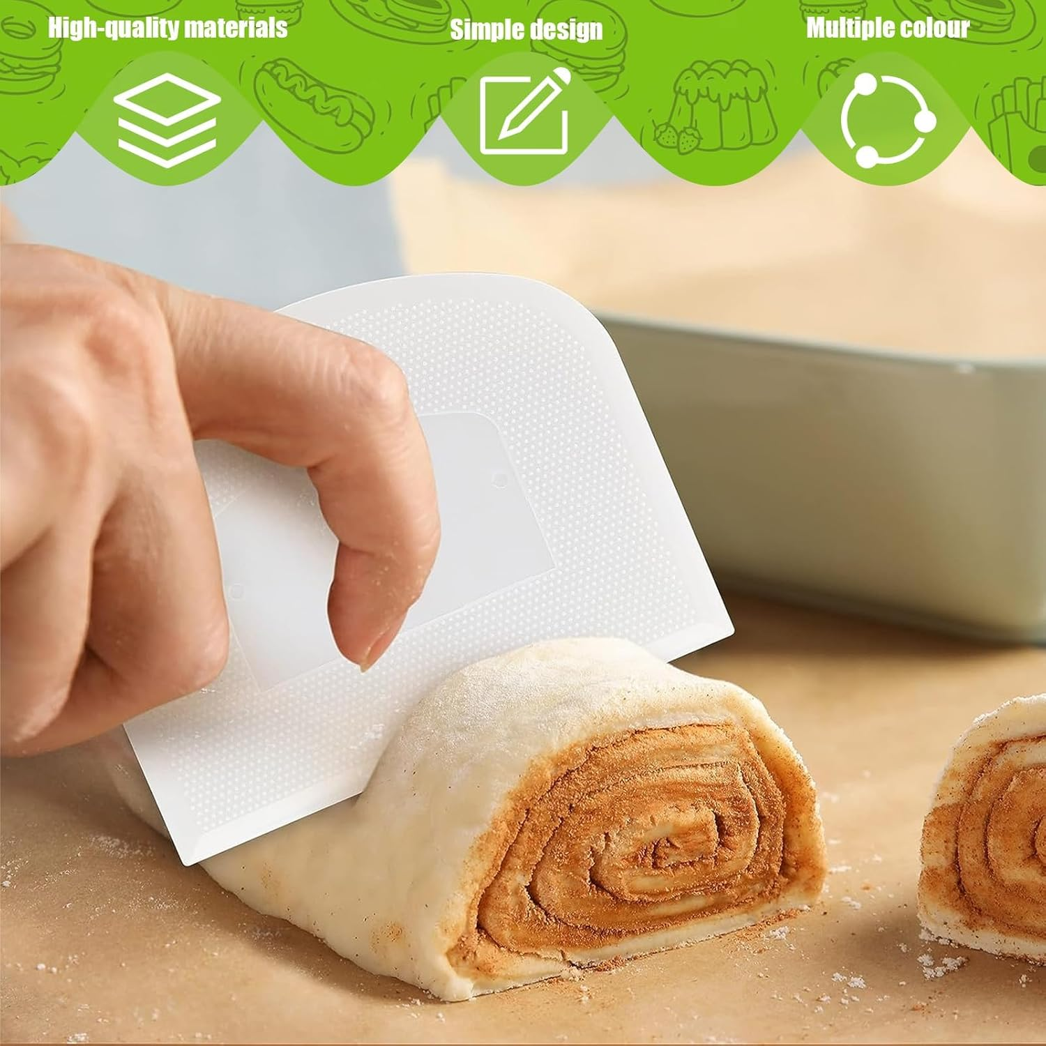 Dough Scraper, 4 Pcs Plastic Dough Cutter Bench Scraper, Multipurpose Food Scrappers for Cake Decorating Baking (Pink, Green, White, Orange) image number 3