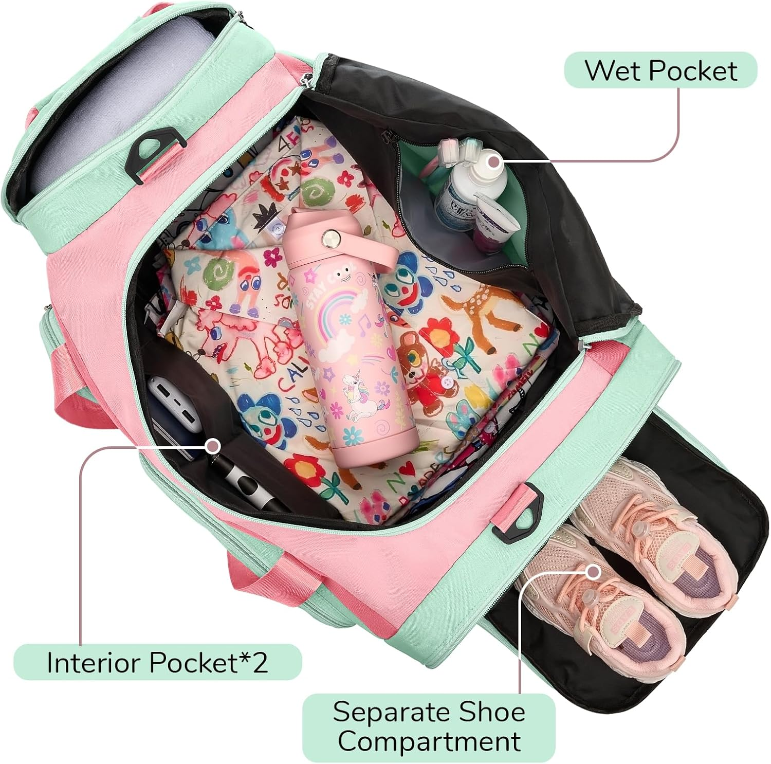 WOOMADA Large Kids Duffle Bag for Travel, Overnight, or Weekender, 20", Pink Green image number 4
