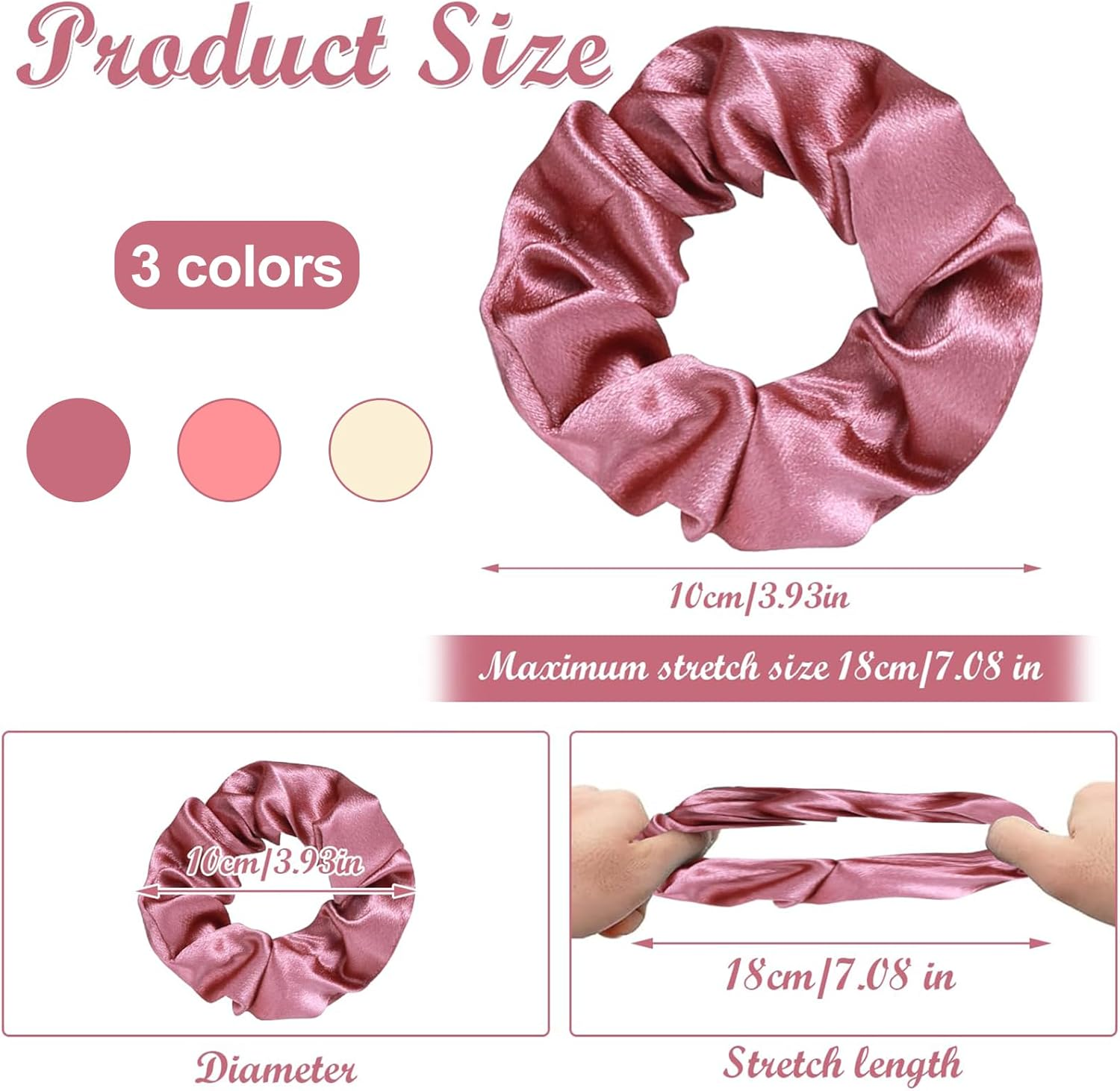 Hshenjhu Pack of 3 Satin Scrunchies, Soft Elastic Scrunchies, Hair Bobbles without Marks, Breakage Prevention Hair Band, Silk Ponytail Holder, for Women, Girls, Hair Accessories, 3 Colours image number 1