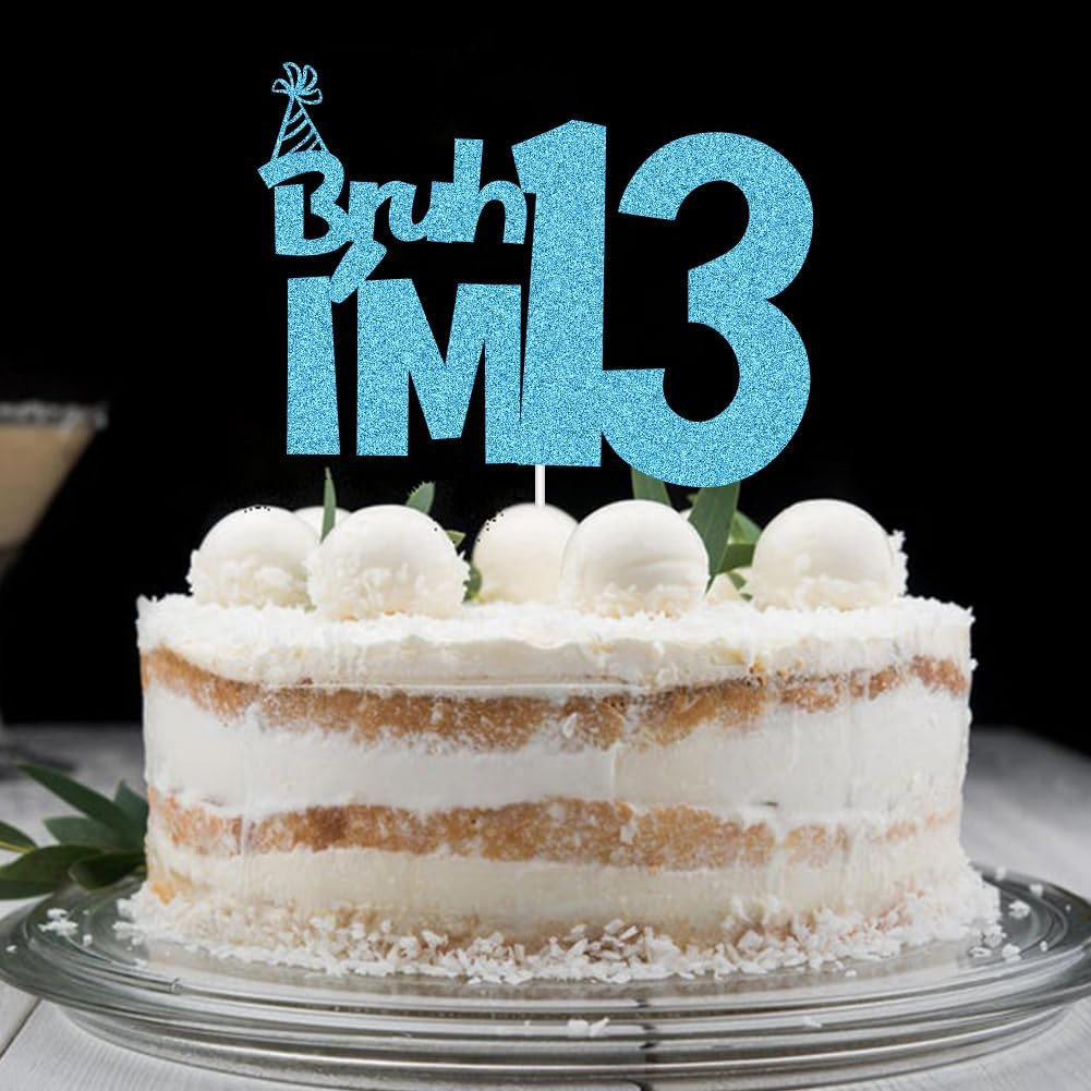 XIUHUBA Bruh I'M 13 Cake Topper, Happy 13Th Birthday Cake Decor, Kids Boys 13Th Birthday Party Decorations, Funny Thirteen Years Old Birthday Party Supplies Blue Glitter