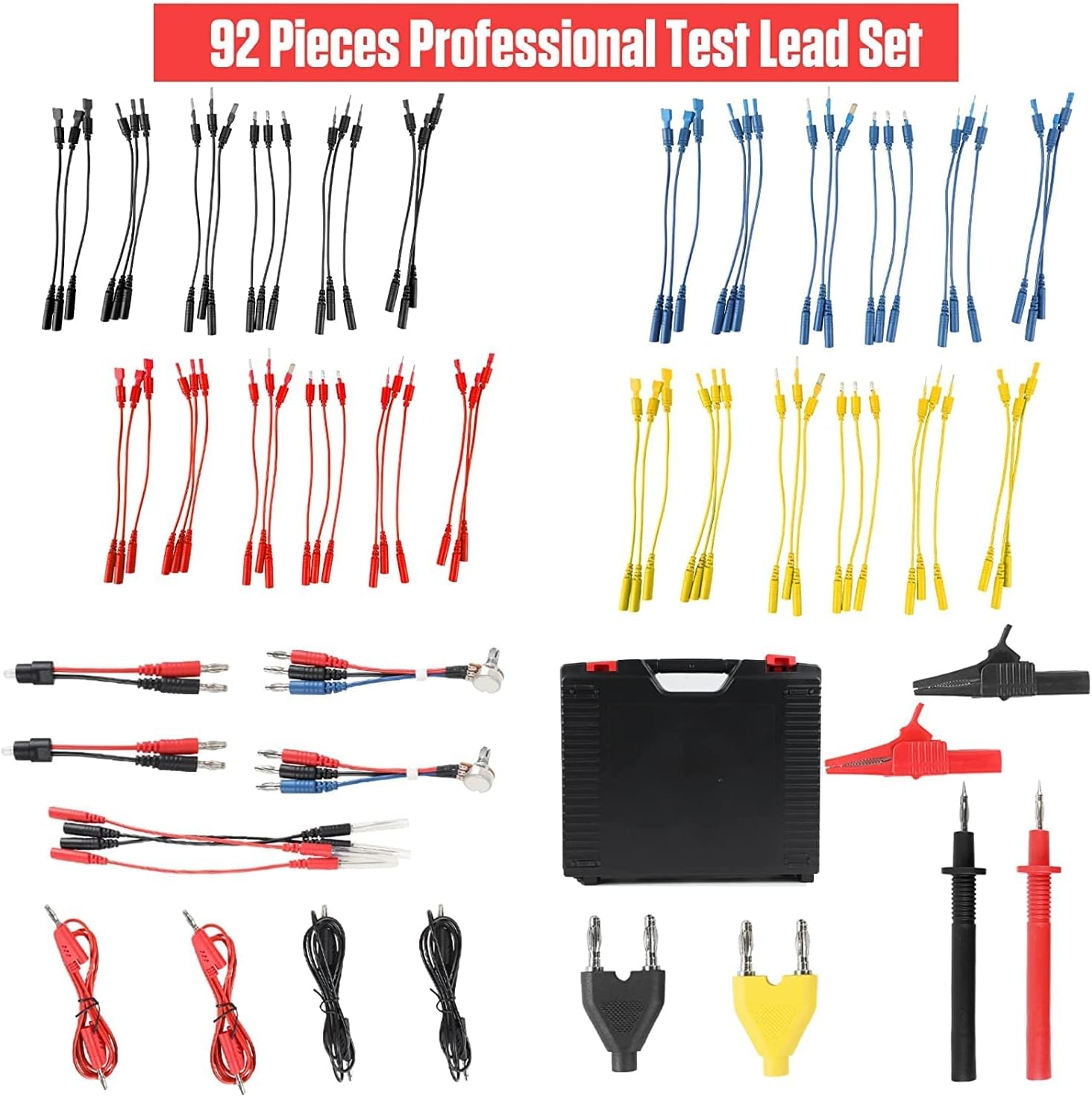 Automotive Circuit Test Leads Kit - MOTOCOCHE 92 Pieces Multimeter Test Leads Kit Multifunctional Electric Probe Test Kit Black Carrying Case Test Lead Set Cable Connectors Adapter Cables image number 2