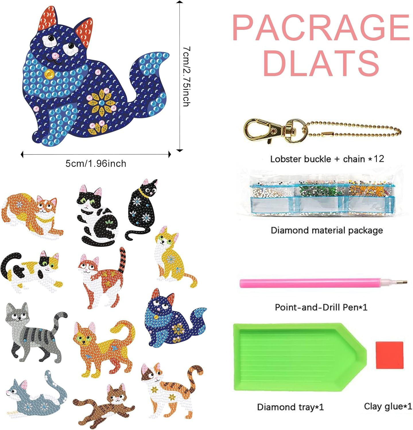 12 Pieces Diamond Key Chain Kits DIY Cats Diamond Art Painting Keychains with Different Shapes Double Sided Rhinestone Embroidery Mosaic Diamond Pendant Keyrings Diamond Pendant for Bag Decoration image number 2