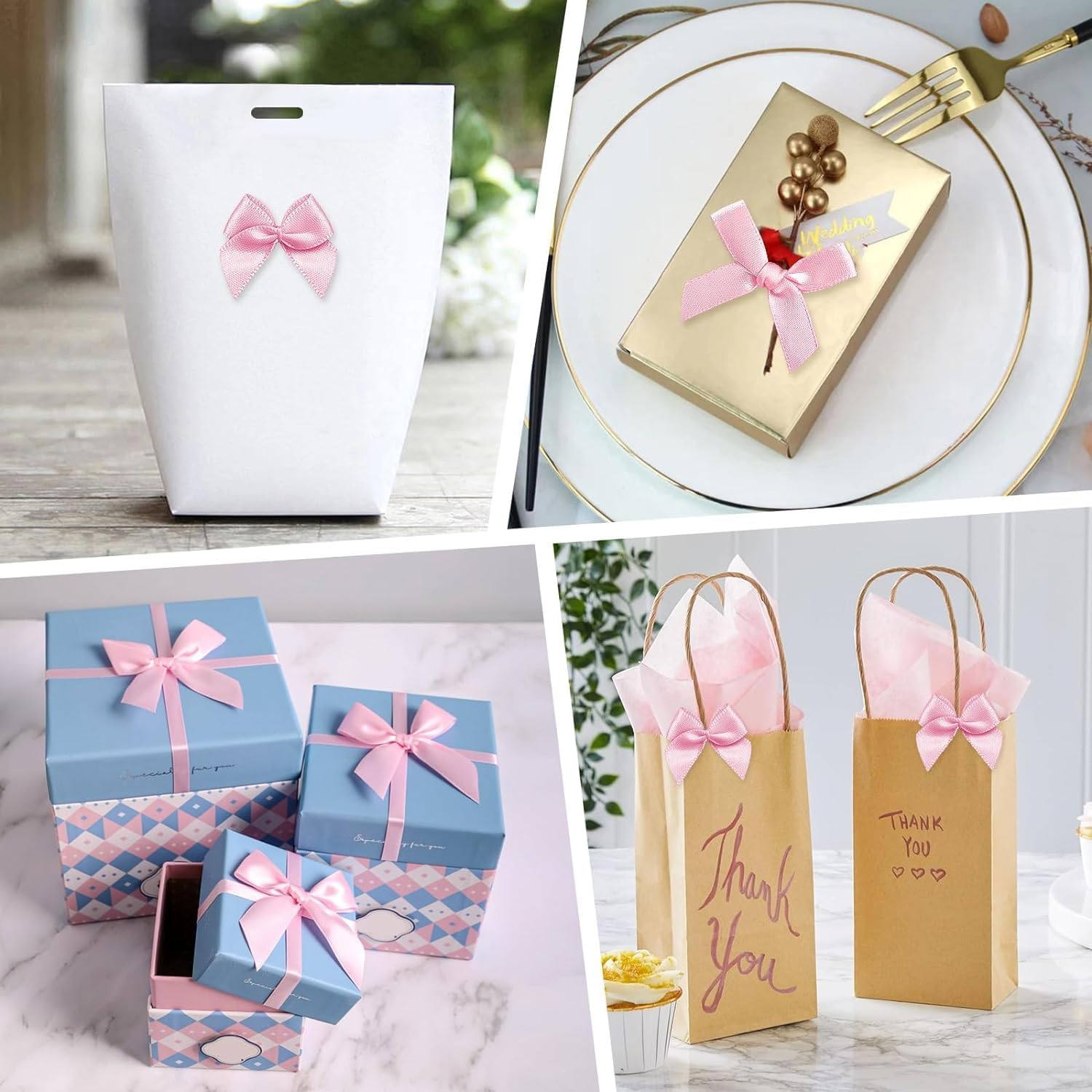 300Pcs Mini Pink Ribbon Bows, Small Pre-Tied Bows for Gift Wrapping, 1.5 Inch Satin Ribbon Bow Flowers for DIY Crafts, Birthday Party, Wedding Decor image number 2