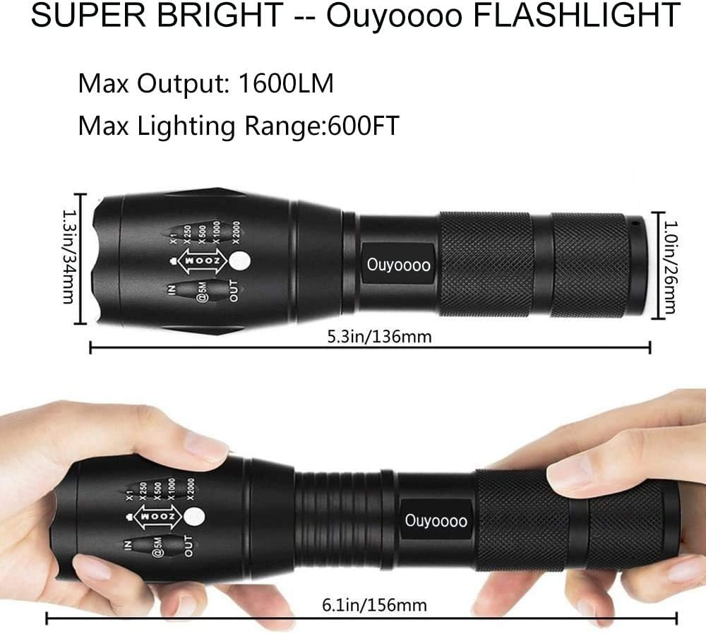 [2 Packs] LED Torches, OUYOOOO High Lumens XML T6 Flashlights with Adjustable Focus and 5 Light Modes, Water Resistant Torch for Emergency, Power Outage, Camping, Hiking - A76 - Black image number 7