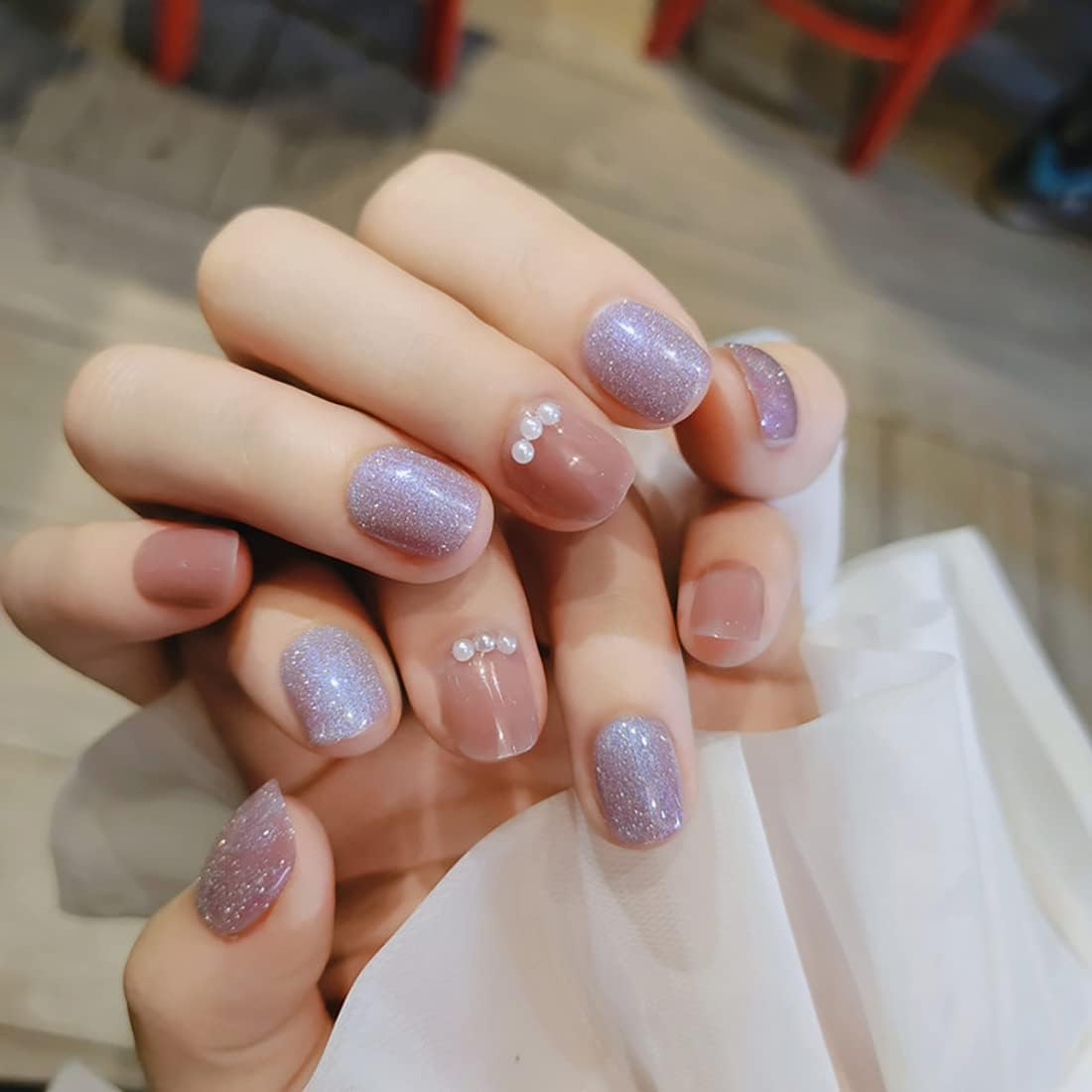 Short Square Press on Nails 24PCS Blue Cat Eyes Fake Nails Glossy Pearl False Nails Full Cover Nails Tips for Women and Teen Girls image number 4