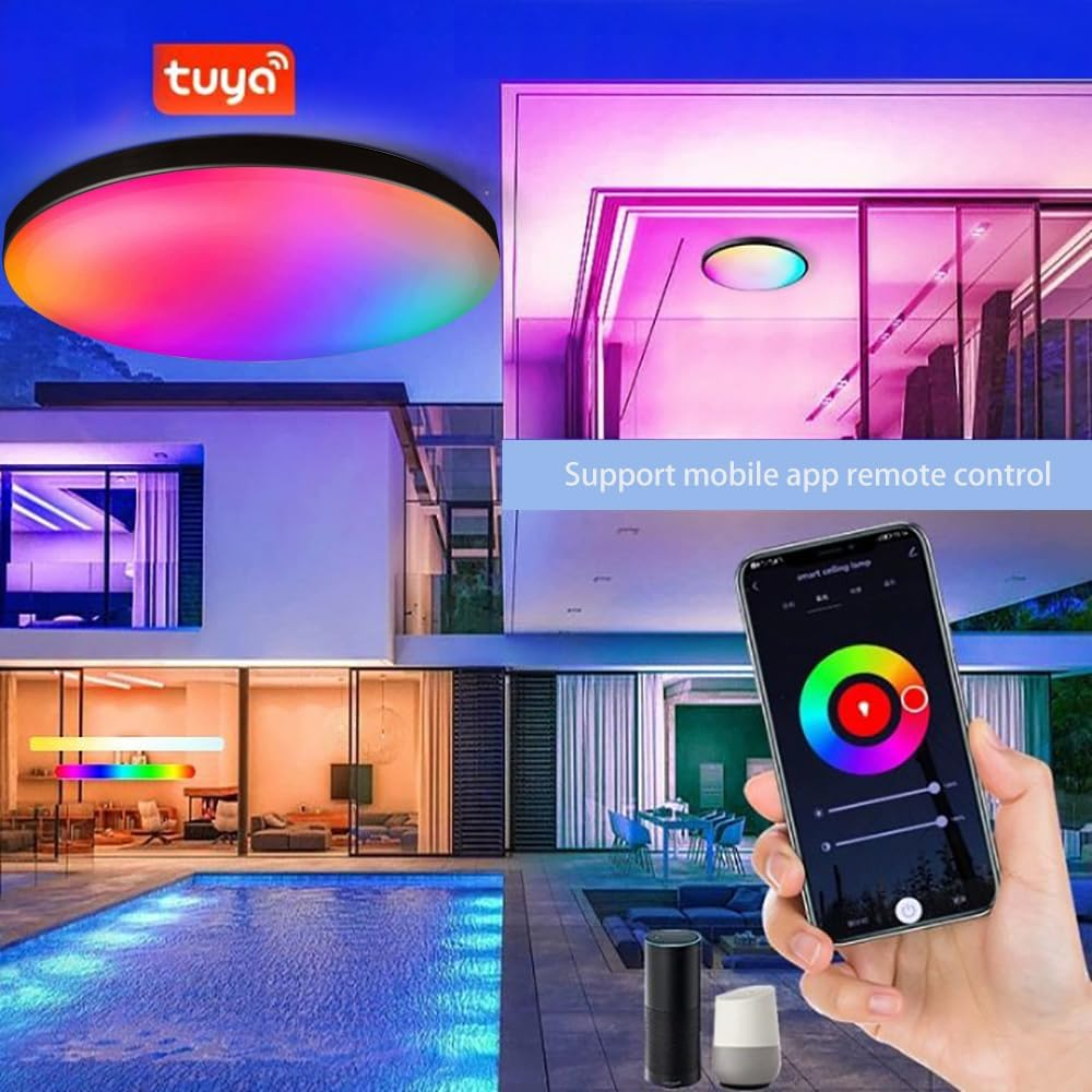 SILAMPDI Led Ceiling Light Wifi Tuya Control, 24W Smart Ceiling Light Black, RGB Mode with Remote Control 16 Million Colors Timer & Memory 3000K-6500K Connect Alex Google Siri for Bedroom Living Room image number 3