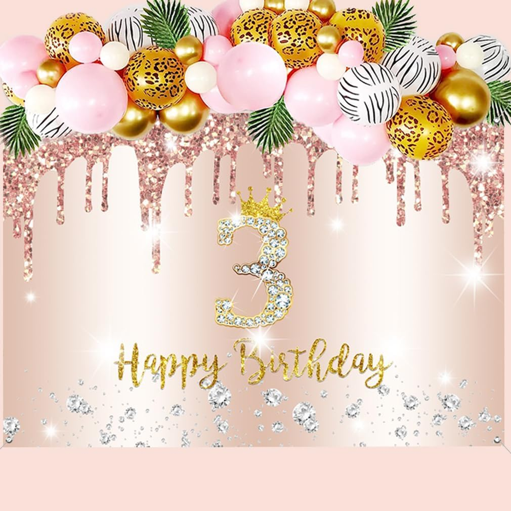 3Rd Birthday Decorations for Girls Happy 3Rd Birthday Backdrop Banner Party Deco Girl 3 Years Old Sign Poster Rosegold Photo Background 3Rd Birthday Party Supplies, 150 Cm X 90 Cm image number 4
