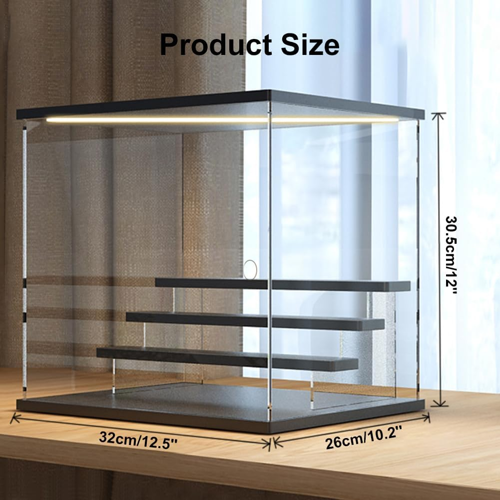 Clear Acrylic Display Case with 3-Color Light,4 Level Stand Display Box with Wooden Base Countertop Dustproof Showcase for Display Collectible Pop Figures and Toys,Toys Not (4 Tier Black) - 4 Tier Wood image number 4