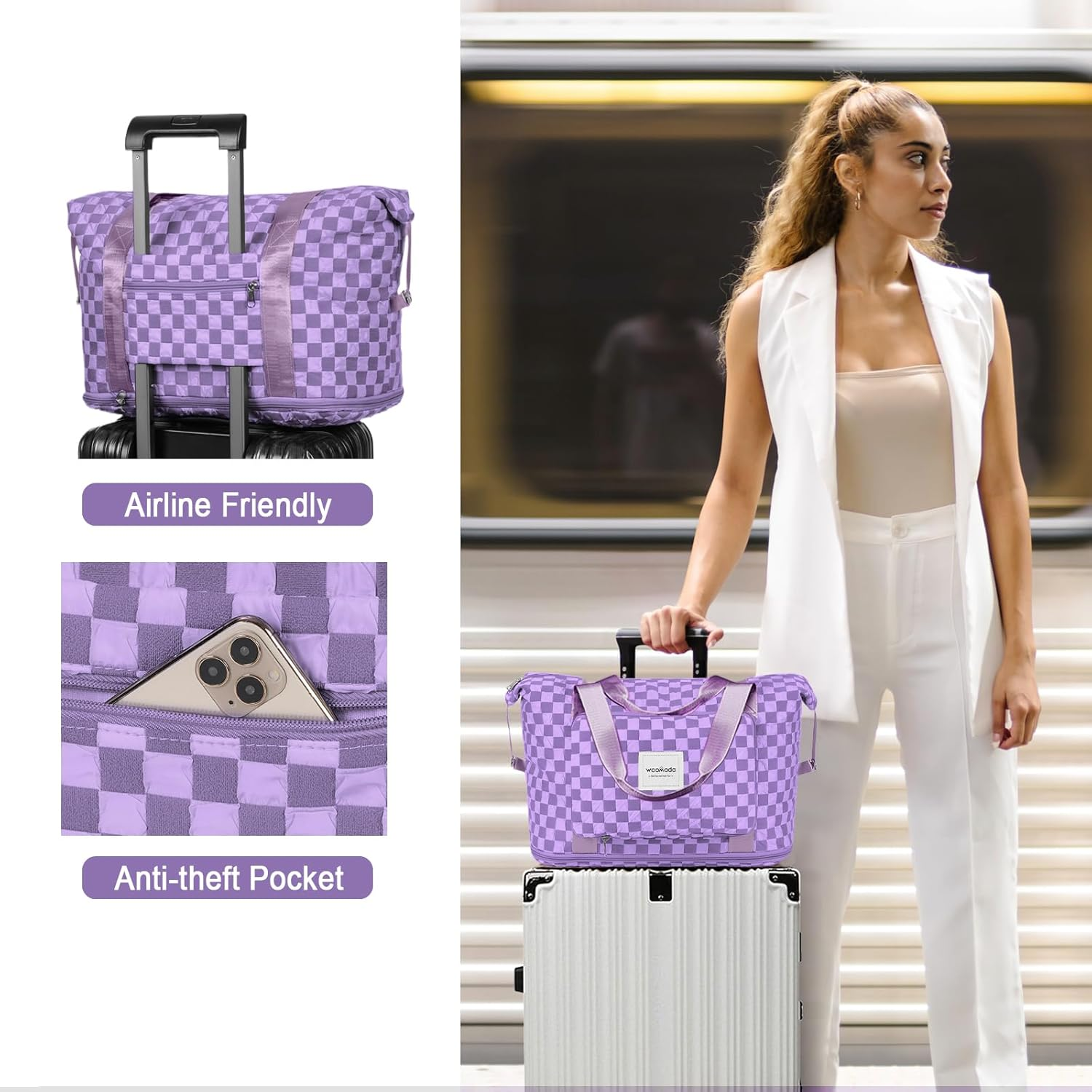 WOOMADA Foldable Travel Duffel, Weekender & Carry-On Bag with Expandable Space, Lavender Checkerboard - B-Black image number 2