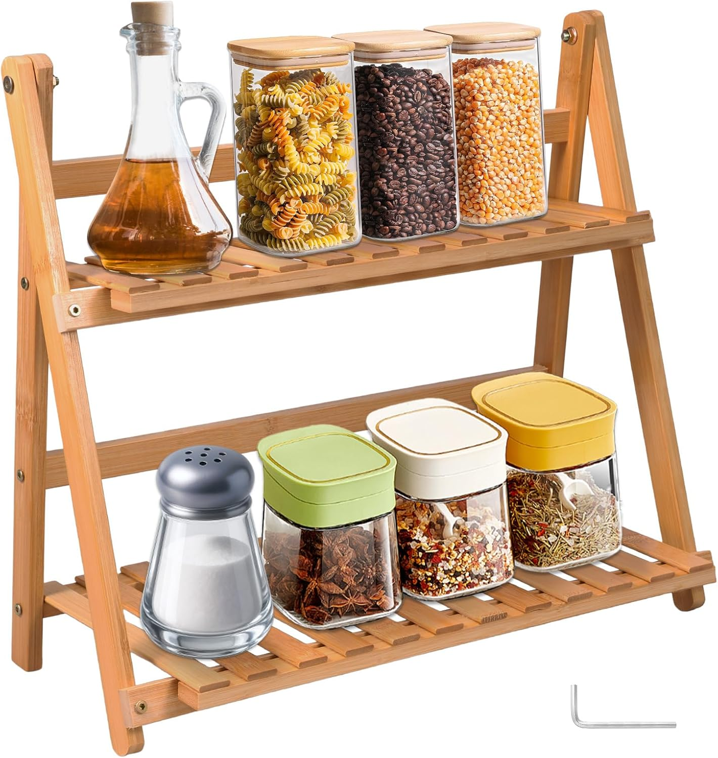 Fwqofvk Coffee Station Organizer for Countertop, Bamboo Kitchen Counter Shelf, 2 Tier Countertop Organizer, Spice Rack for Kitchen, Home, Office (Burlywood)