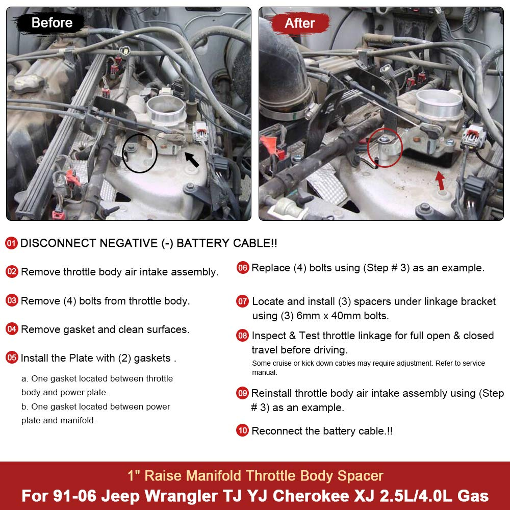 Throttle Body Spacer Compatible with 91-06 Jeep Wrangler TJ YJ LJ Cherokee XJ 2.5L/4.0L Engine Gas MJ W/Gasket 1" Raise Manifold Carb Red - Red image number 5