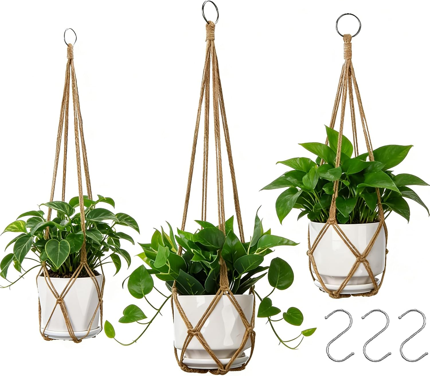 YIBOT 3 Pack Macrame Plant Hanger Indoor Hanging Planter Basket with 3 Hooks, 35"/29"/23" Crochet Plant Holder Stand No Tassels for Indoor Outdoor Boho Home Decor, Ivory (POTS NOT Included)