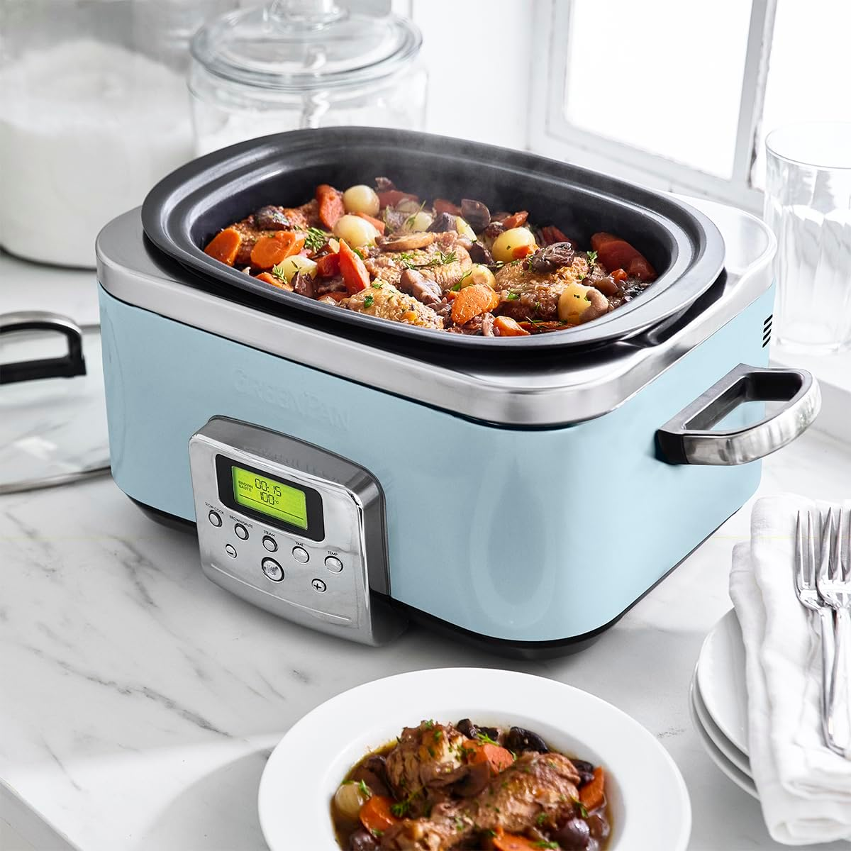 Greenpan Slow Cooker Blue Haze, 6L Dishwasher Safe Pot, Vibrant LCD Display, Easy One-Touch Presets, One-Step Browing, Extra-Tough Exterior, Countertop Friendly image number 2