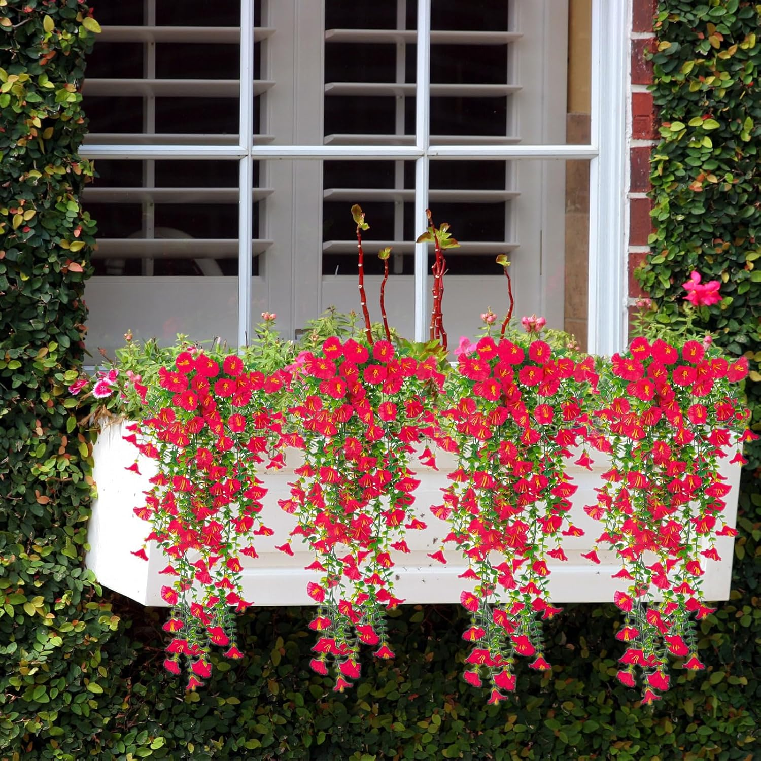 Yimingjin Artificial Fake Hanging Flowers Plants for Spring Decoration, 2PCS Silk Morning Glory Faux Flowers with Eucalyptus Leaves, UV Resistant Trailing Vines Outdoor Home Planter (Red) image number 3