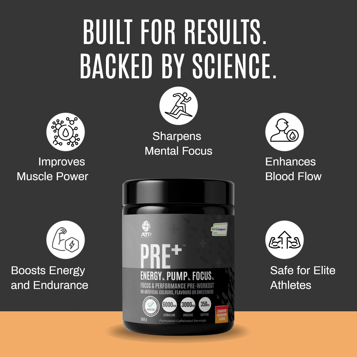 ATP Science Pre plus Preworkout Powder, Infused with Creapure Creatine Monohydrate, Caffeine Anhydrous, L-Citrulline Malate, No Artificial Colours and Flavours, Flavour - Strawberry Passionfruit, 500G image number 5