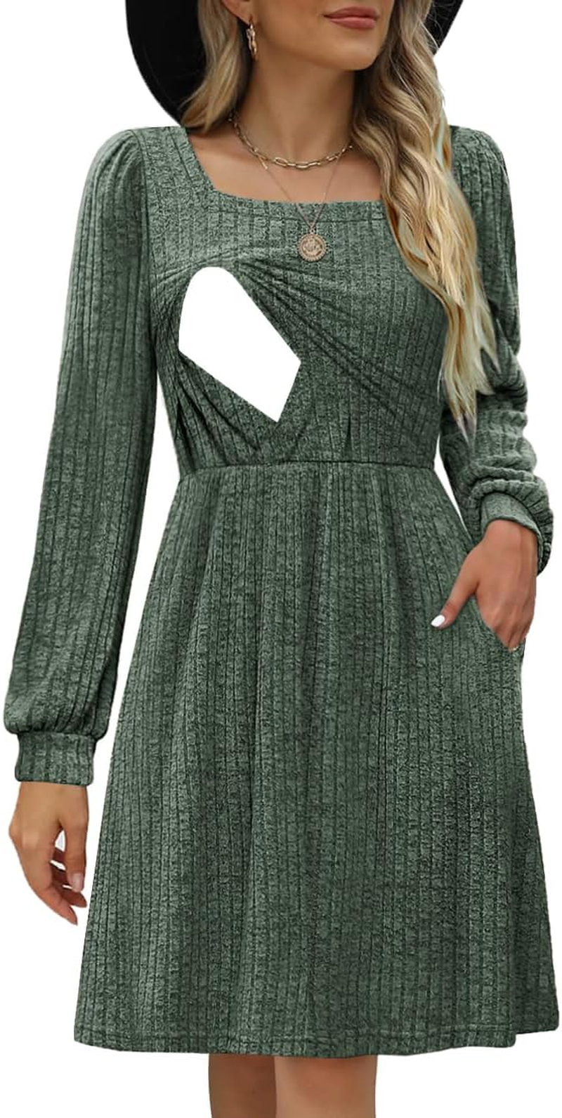 Womens Nursing Fall Dresses Square Neck Long Sleeve Winter Knit Sweater Dress 2024 with Pockets image number 5