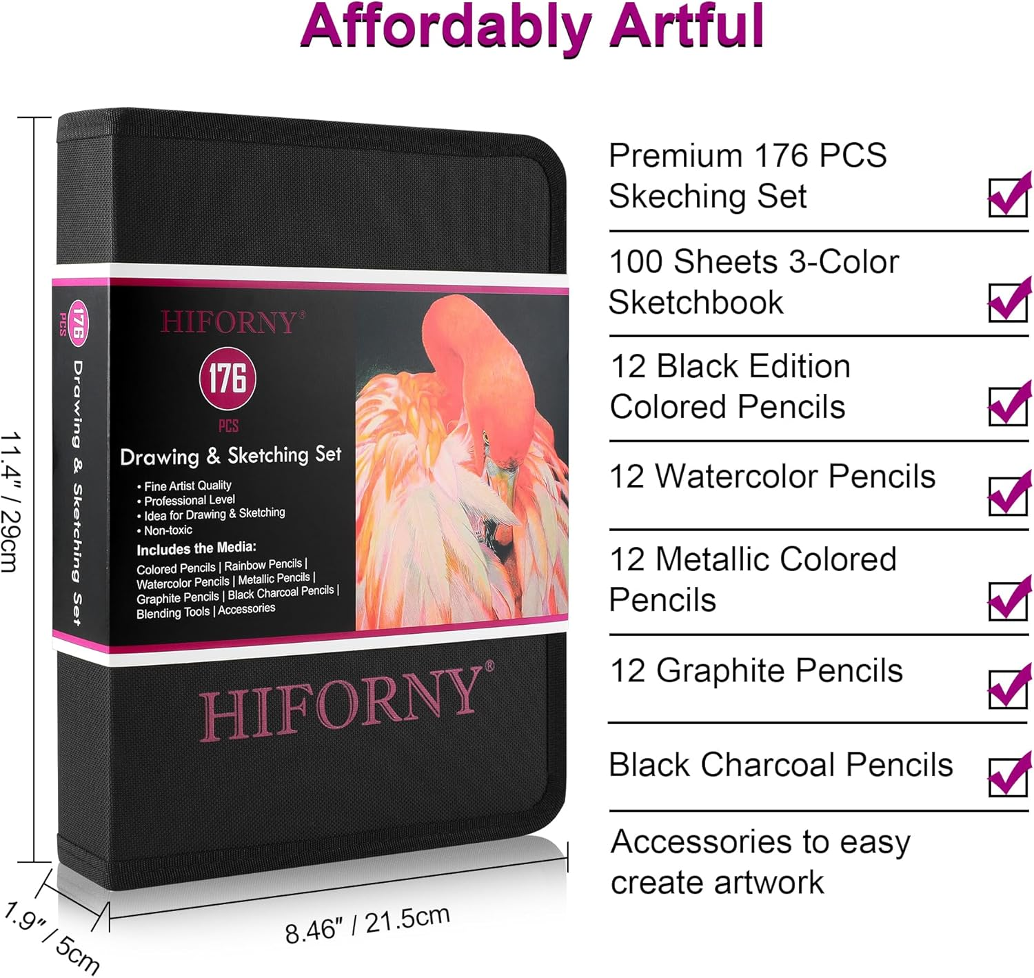 HIFORNY 176 PCS Art Supplies Drawing Set Sketching Kit with 100 Sheets 3-Color Sketchbook,Graphite Colored Charcoal Watercolor & Metallic Pencils,Blending Tools and More, for Beginner Artists image number 6