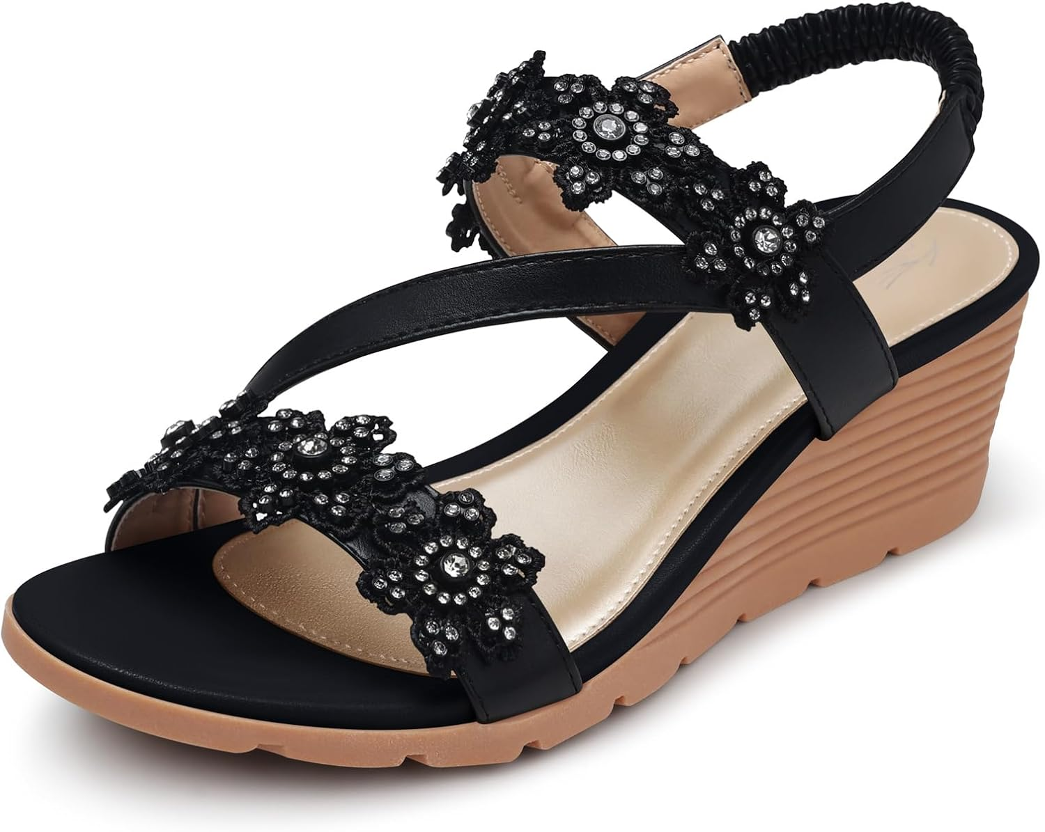 SHIBEVER Womens Sandals Wedge Summer: Elastic Ankle Strap Open Toe Wedge Sandal - Dressy Sandals Women - Comfortable Flower Bohemia