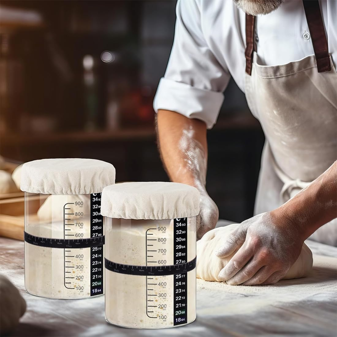 REASOR 2 Pack Sourdough Starter Jar Kit,35 Oz Glass Jars with Wooden Lids, Cloth Covers, Date Tracking Bands, and Silicone Spatulas for Artisan Bread Making image number 3