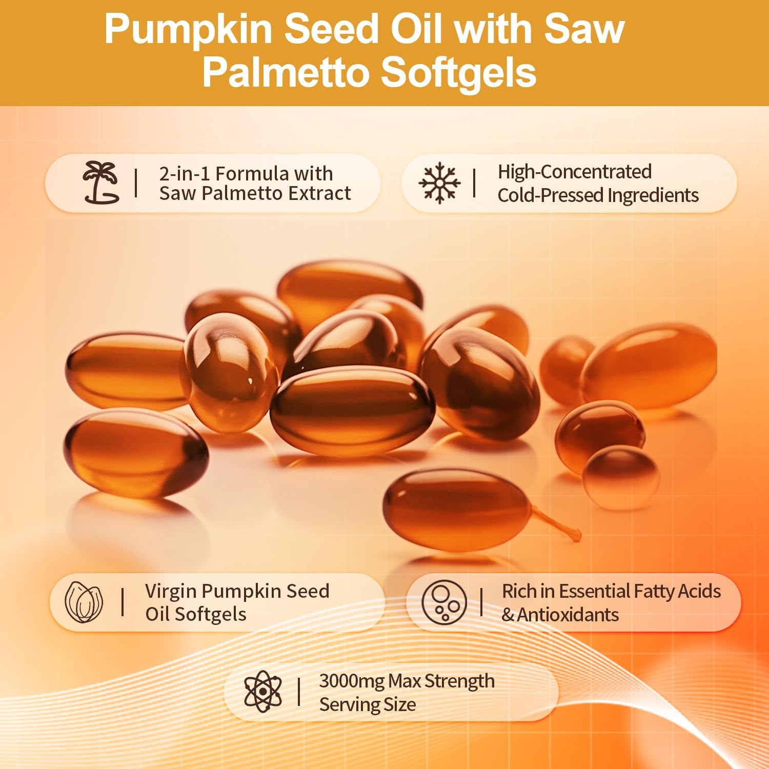 Pumpkin Seed Oil with Saw Palmetto, 3000Mg | Cold Pressed, Pure Virgin Oil, Essential Fatty Acids & Phytsterols | Non-Gmo | 180 Softgels