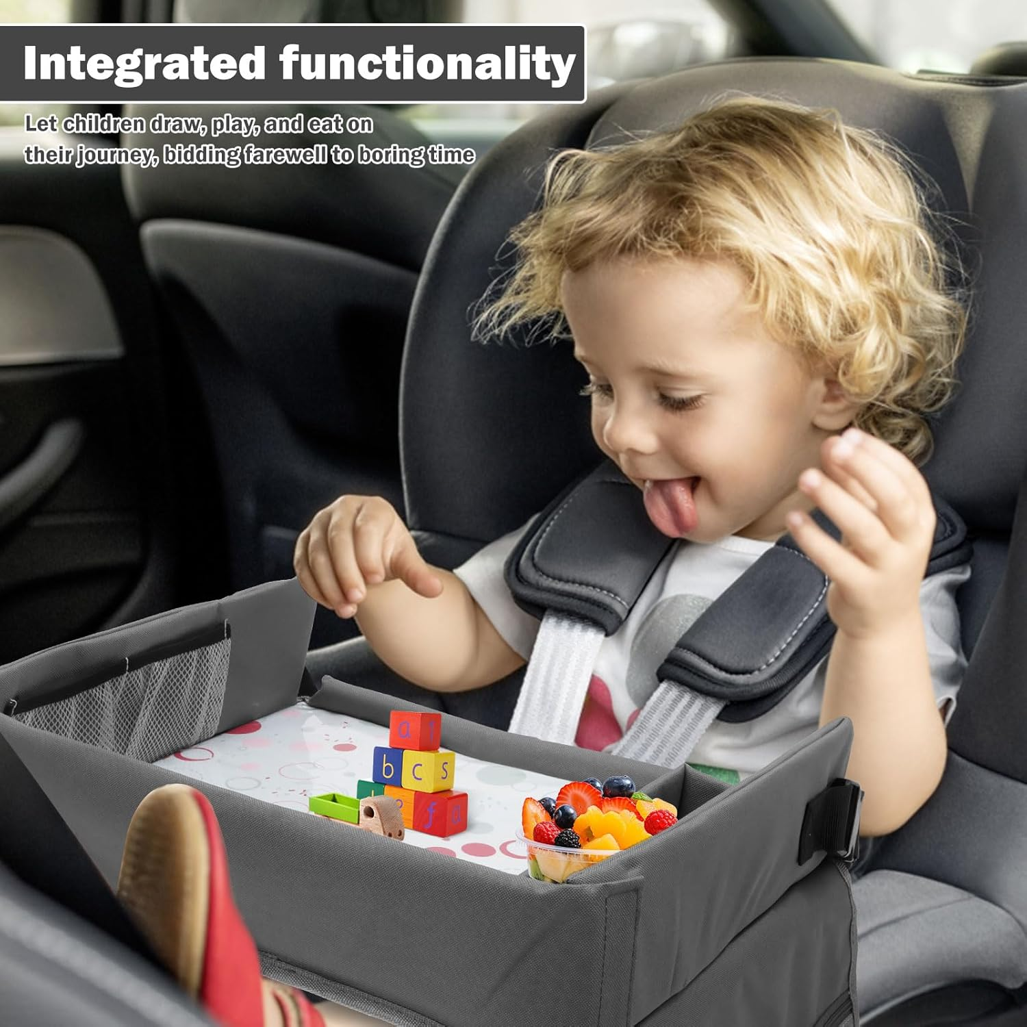 Kids Car Travel Tray for Car Seat, Adjustable Lap Desk with Storage Pocket for Toddlers Drawing, Eating, Fits Most Automotive Seats image number 6