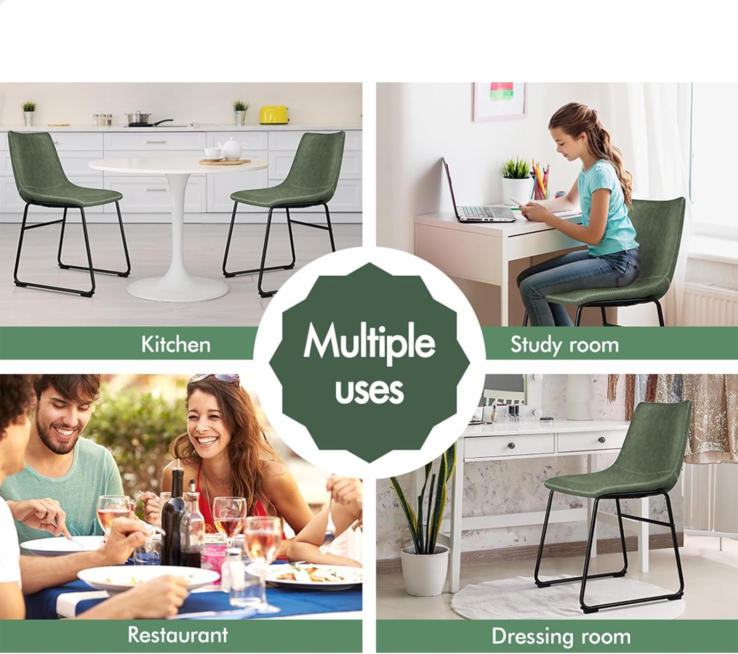 ALFORDSON Dining Chairs PU Leather Set of 2, Kitchen Chair with Metal Frame & Floor Protector, Reading Seating for Home Cafe Coffee Table, Max 150Kg, Veda Green image number 1