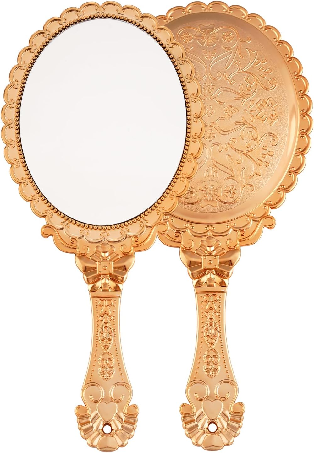 XPXKJ Handheld Mirror Handle Vanity Makeup Home Salon Travel Use (Carved Oval, Rose Gold)