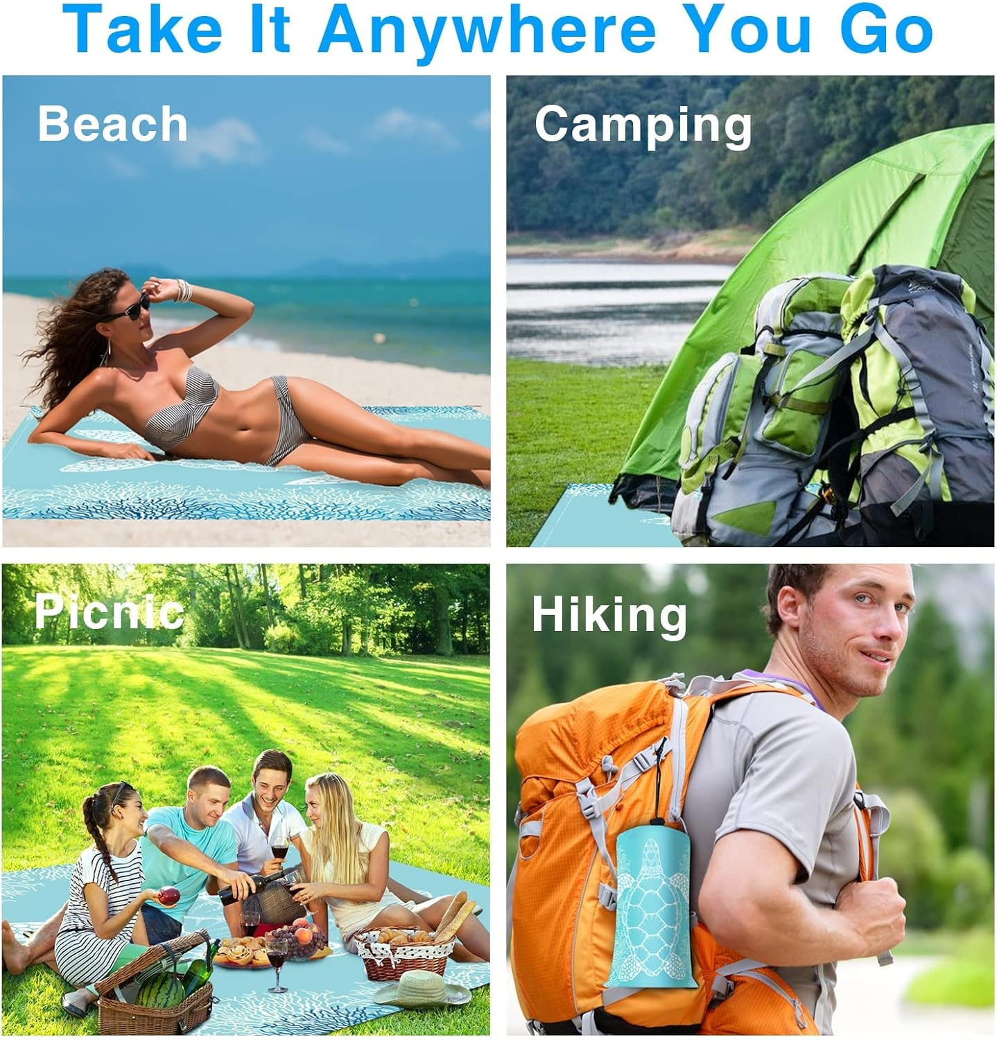 Beach Blanket Sandproof Large Beach Mat 4-6 Adults Oversized Lightweight Sand Free Beach Mat Waterproof Beach Blanket Portable Camping Blankets for Travel, Camping, Hiking (Sky Blue, 200 * 200Cm) image number 2