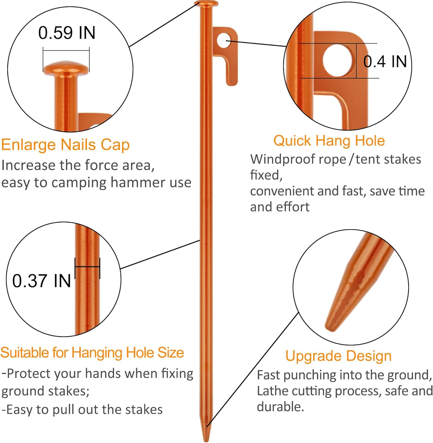 8 Pack Tent Stakes Heavy Duty 12 Inch Steel Tent Pegs for Camping Unbreakable and Inflexible-Orange image number 3