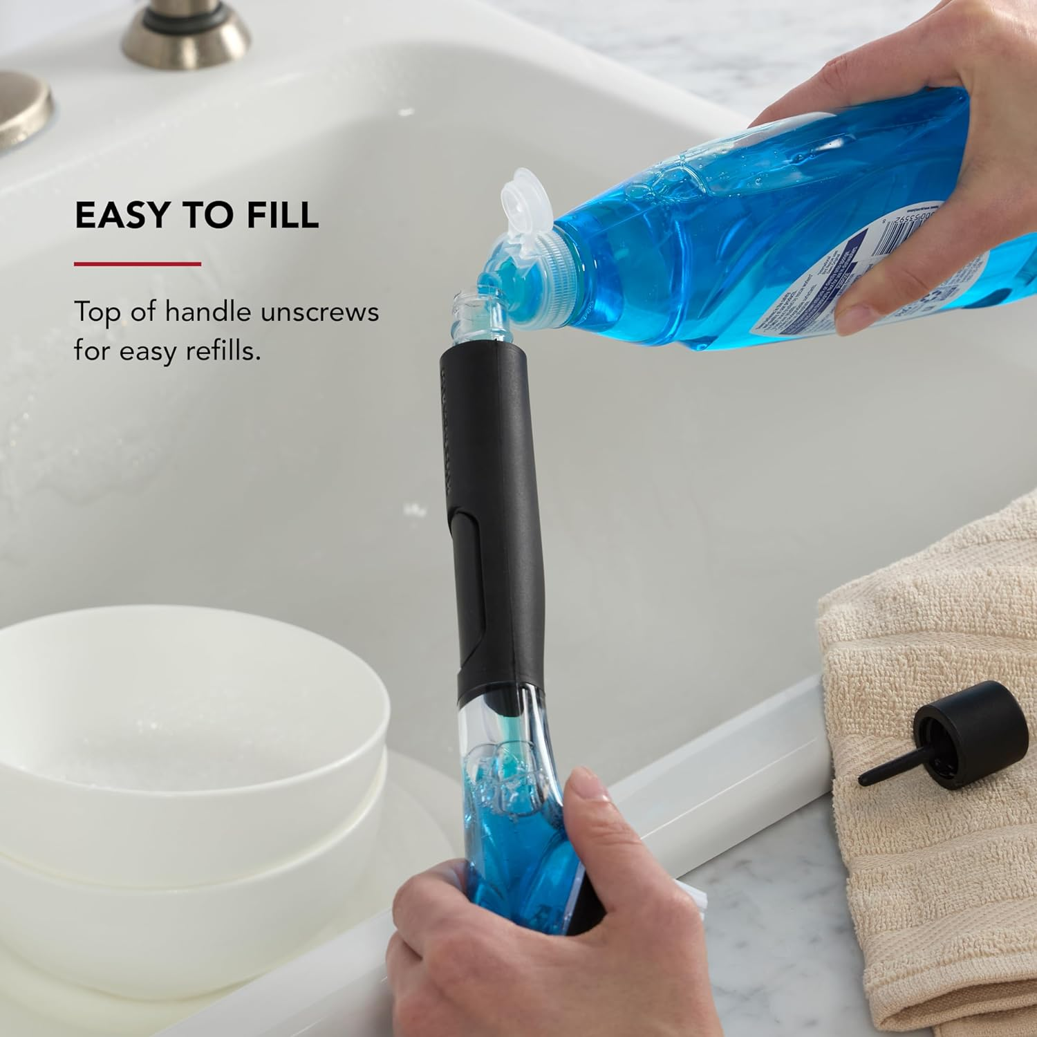 Kitchenaid Soap Dispensing Sink Brush with Easy to Fill Handle, Nylon Bristles for Tough Cleaning, Comfort Grip Handle for Non Slip Grip, Black image number 5