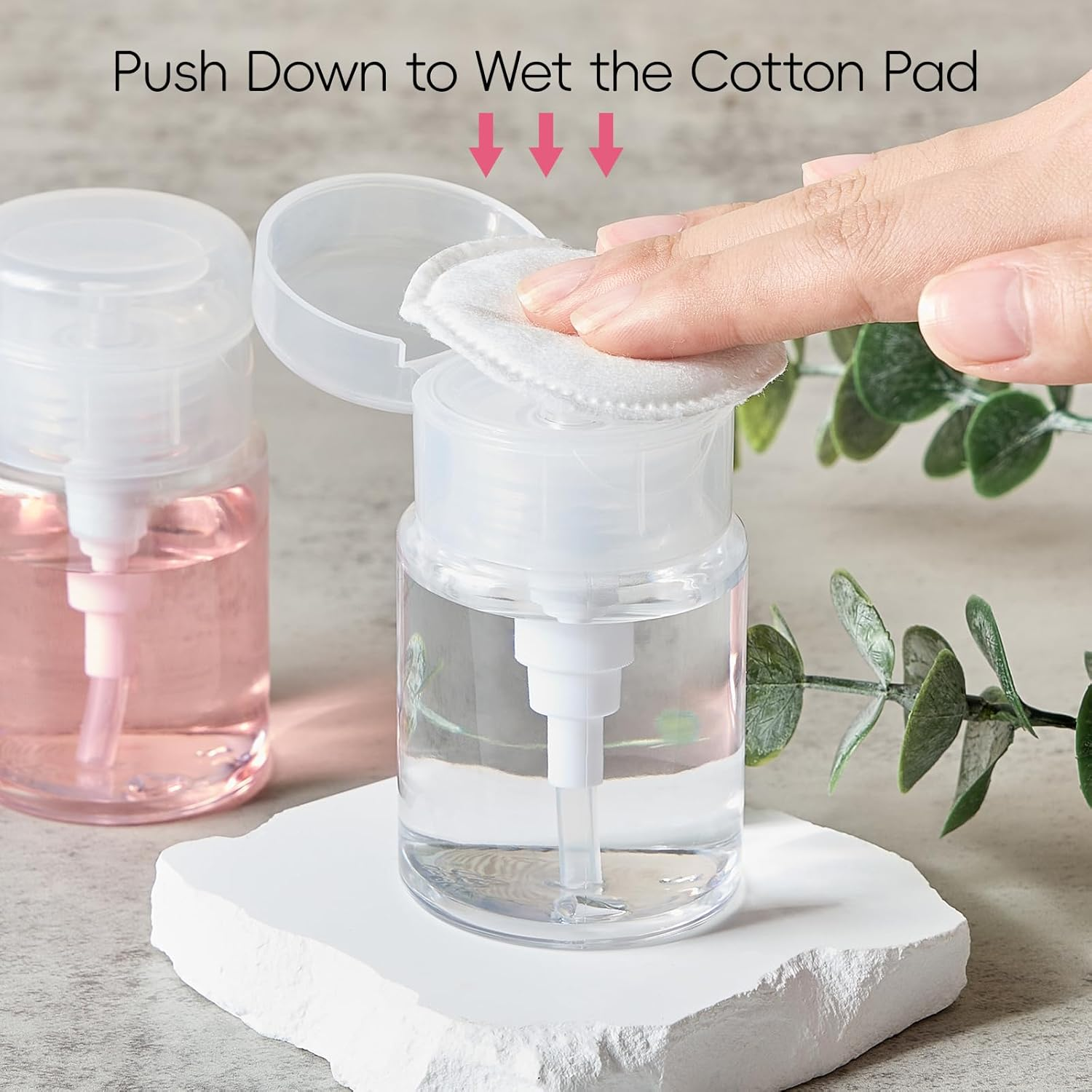 TUZAZO 3 Pack Push down Pump Bottle Dispenser for Makeup Remover, Facial Toner, Micellar Water, Alcohol, Nail Polish Remover Empty Push Top Bottles Containers 3.4Oz/100Ml image number 3