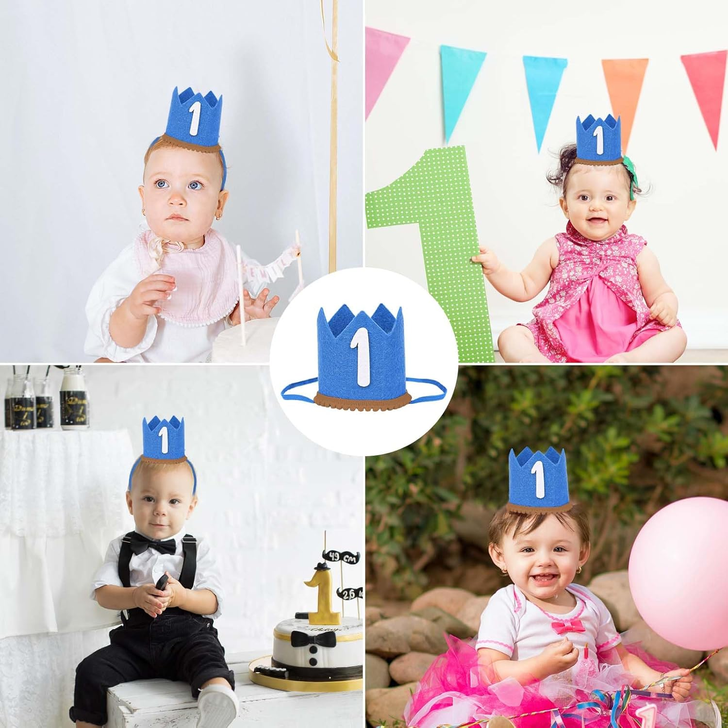 First Birthday Hat for Baby, 1St Birthday Party Supplies Boho Cute Birthday Crown with Elastic Band for Girls Boys Birthday Party Decorations (Blue)