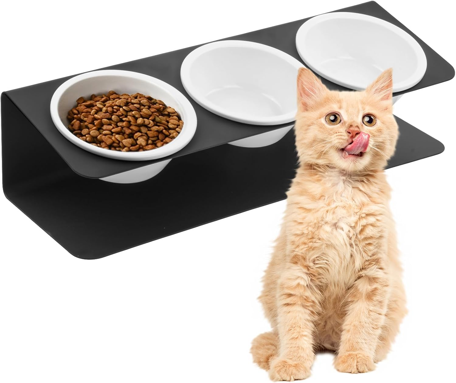 Raised Cat Bowl, Set of 3 Cat Feeding Bowls with Stand, 15&deg; Tilted, Dog Bowl Ceramic 250 Ml, Feeding Bowl, Water Bowl, Cat Dog, Feeding Station, Cat Bowl Set, Dry Wet Food, Anti-Vomiting, Black image number 4